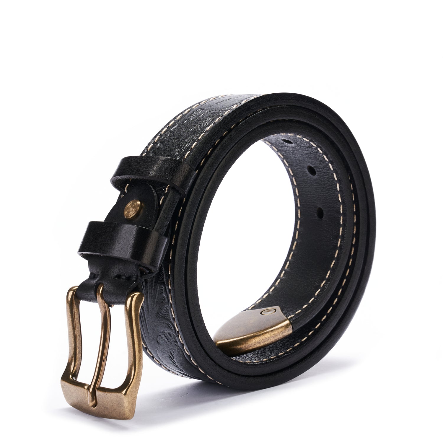 BELTLEY Black Floral Embossed Thick Full-Grain Leather Belt