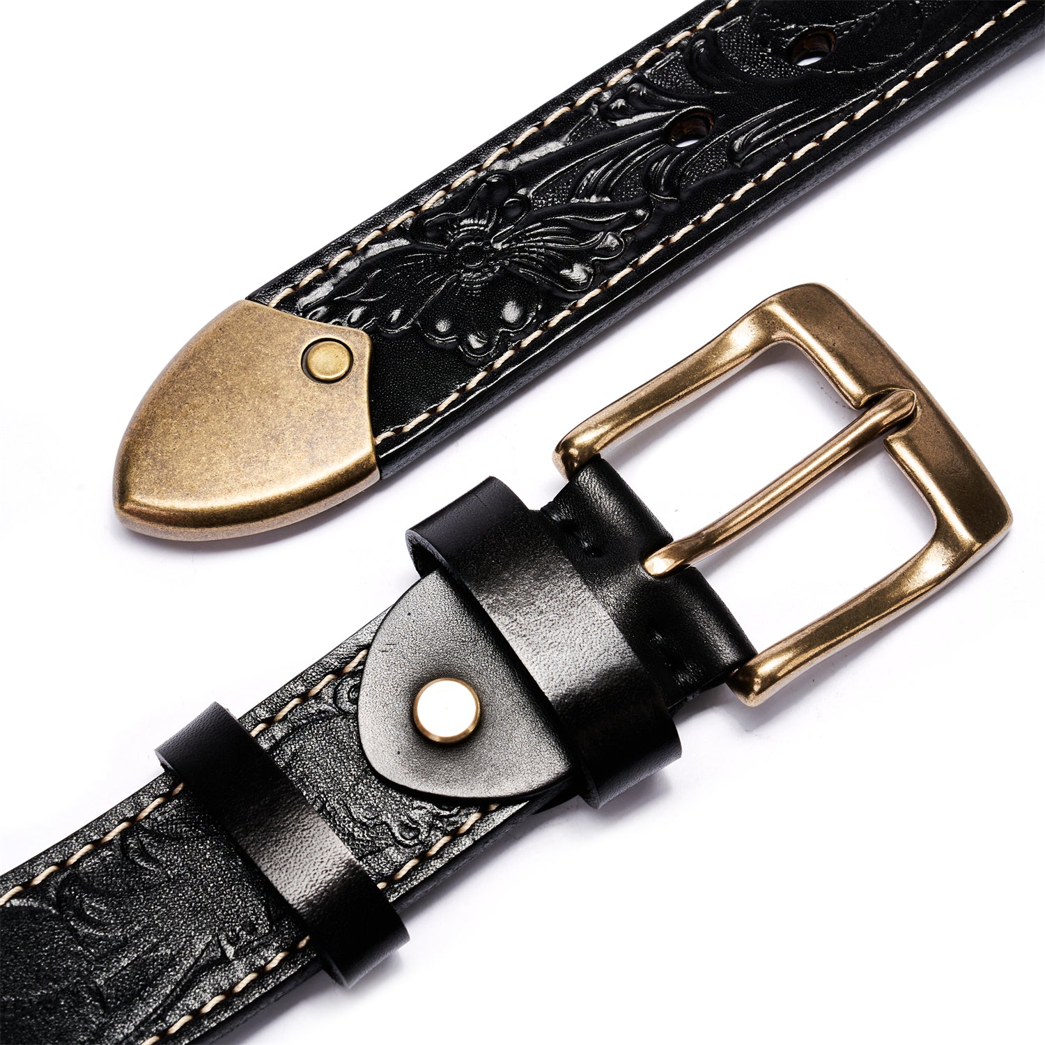 BELTLEY Black Floral Embossed Thick Full-Grain Leather Belt