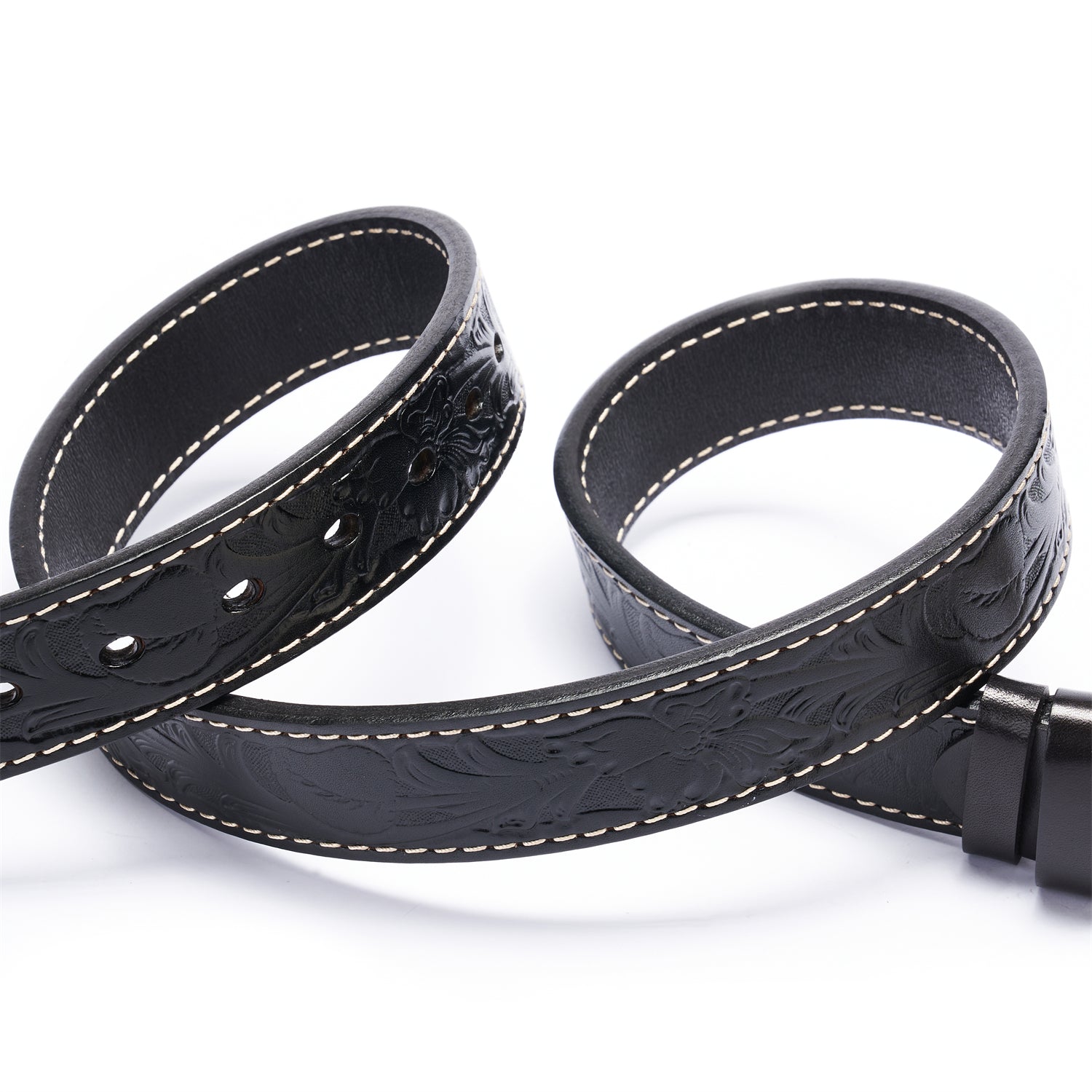 BELTLEY Black Floral Embossed Thick Full-Grain Leather Belt