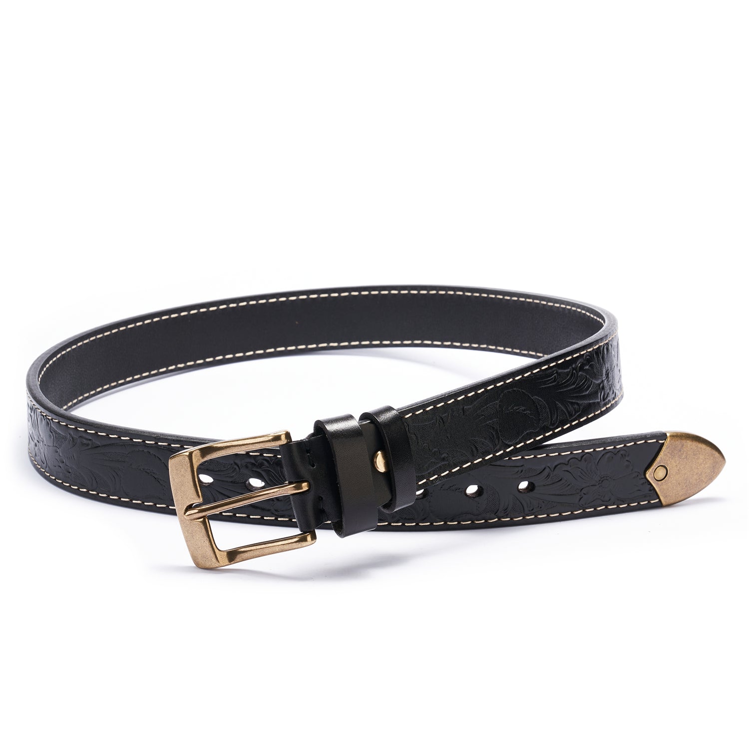 BELTLEY Black Floral Embossed Thick Full-Grain Leather Belt
