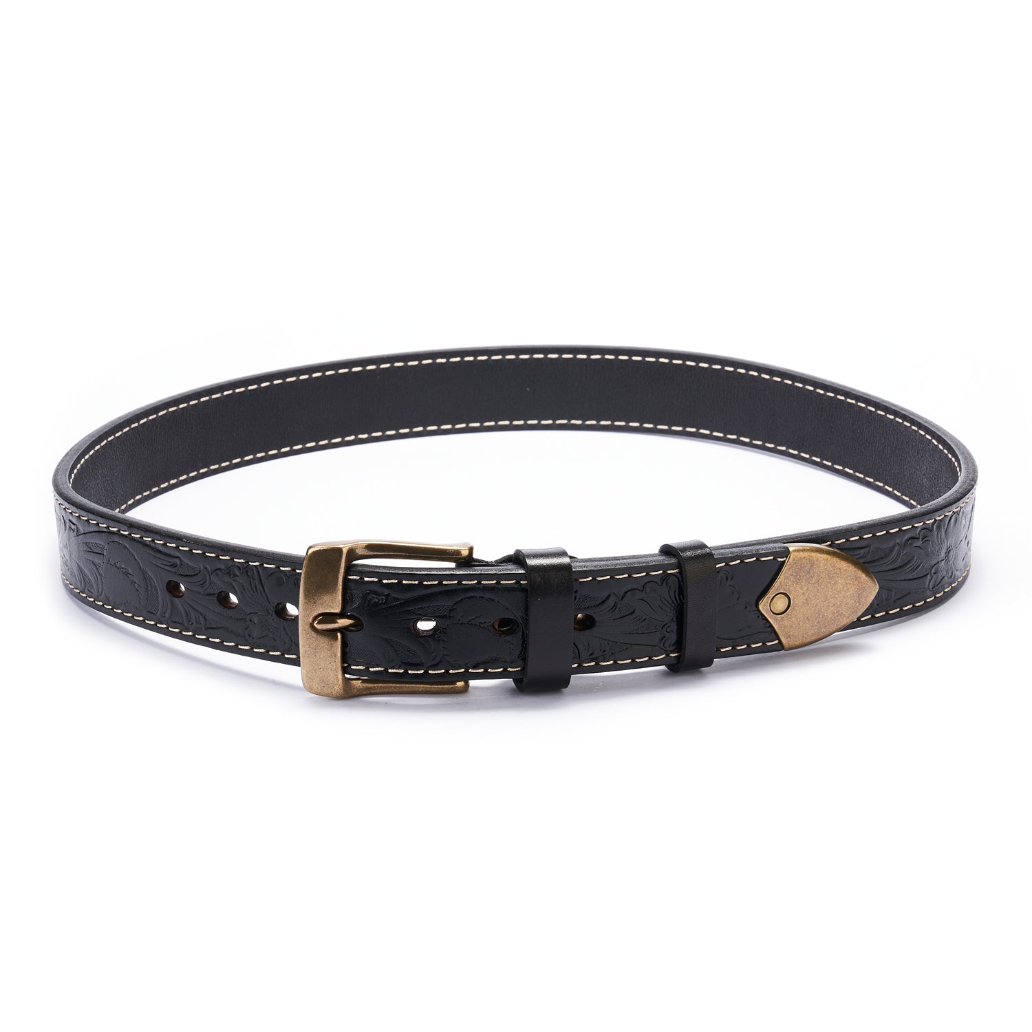 BELTLEY Black Floral Embossed Thick Full-Grain Leather Belt