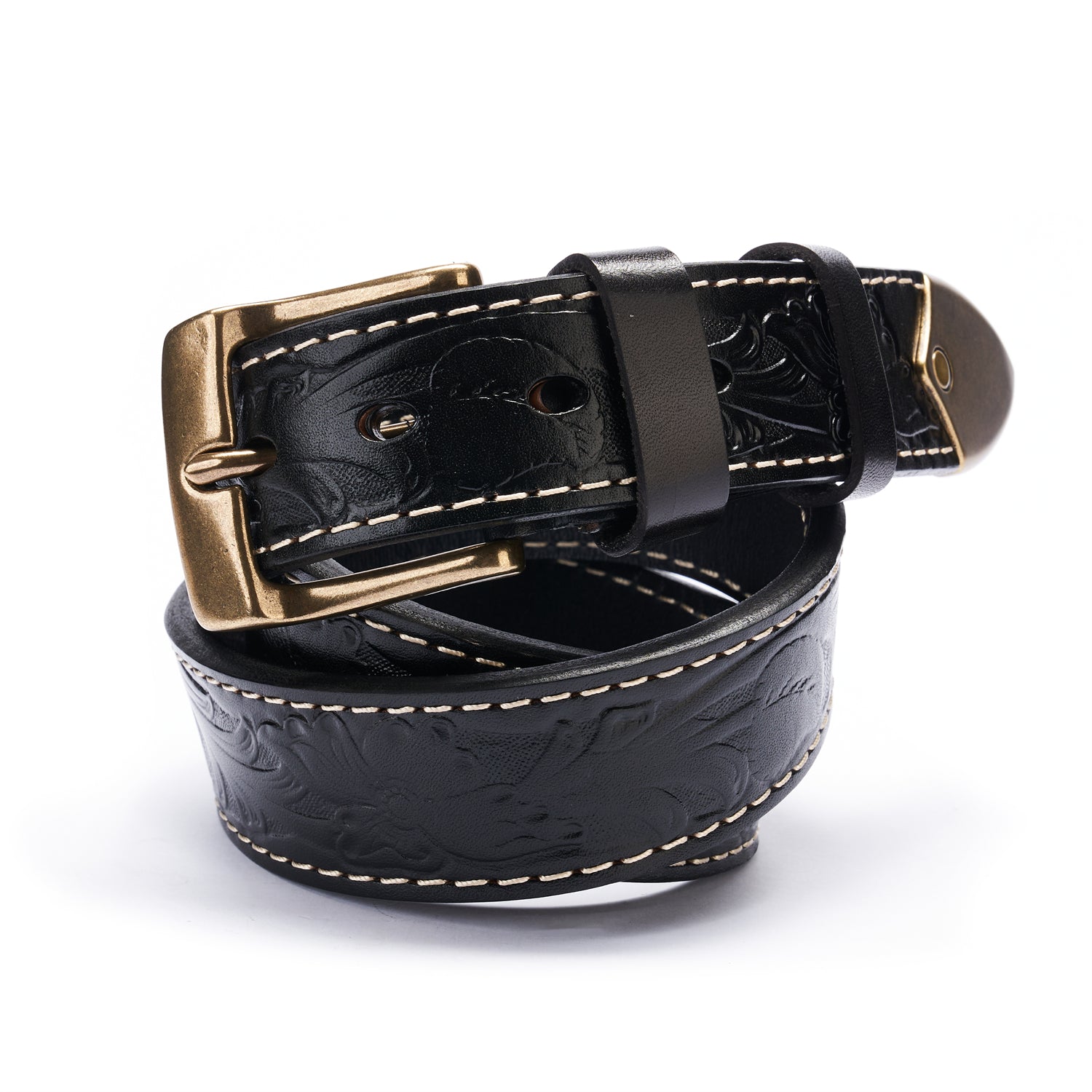 BELTLEY Black Floral Embossed Thick Full-Grain Leather Belt