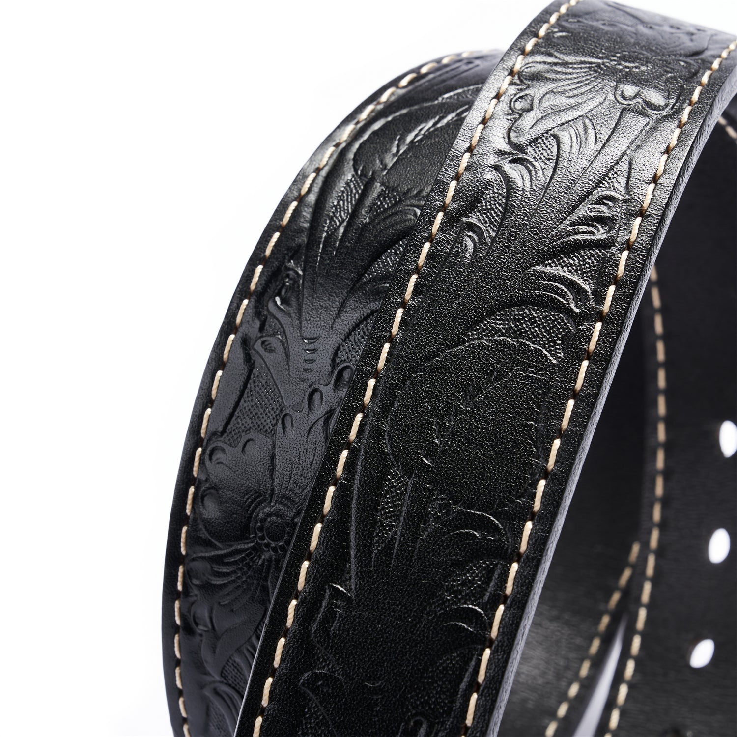BELTLEY Black Floral Embossed Thick Full-Grain Leather Belt