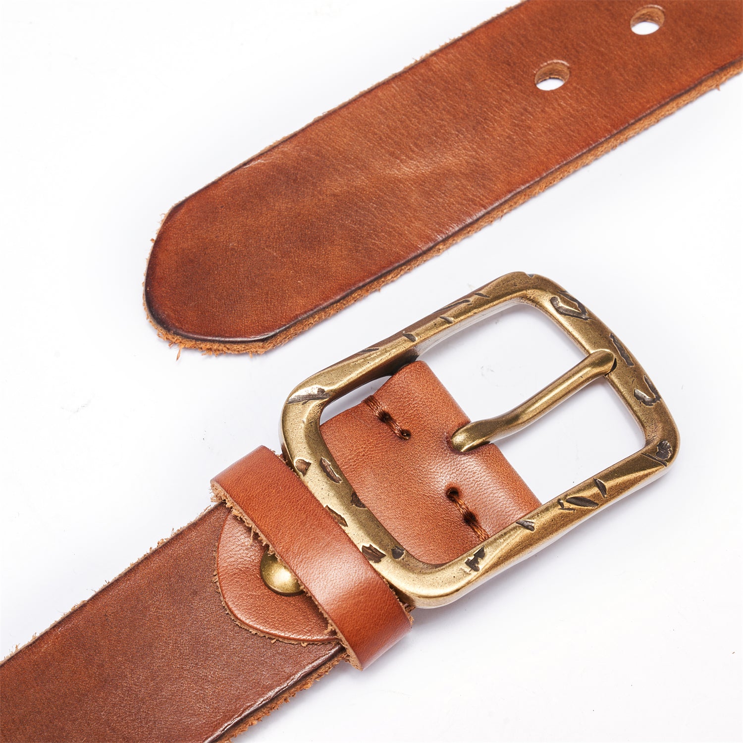 100% Full-Grain Leather Strap in Vintage Saddle Brown with Raw-Edged Detailing
