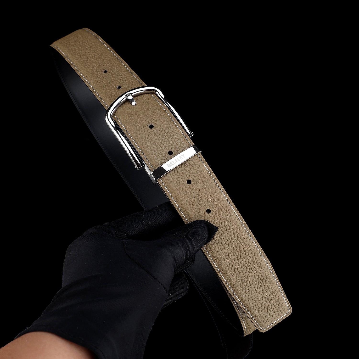 BELTLEY Light Khaki Pebbled Leather Belt