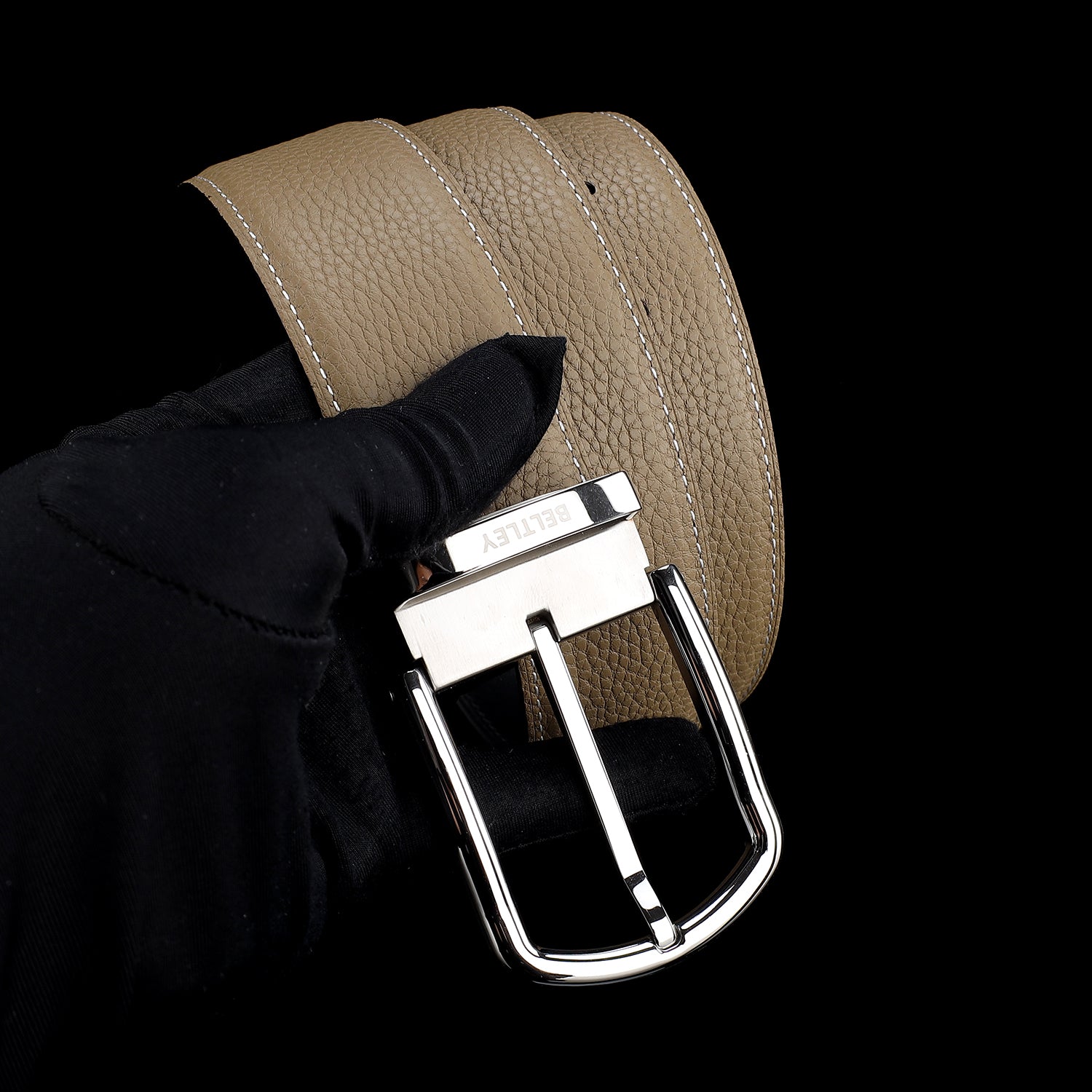 BELTLEY Light Khaki Pebbled Leather Belt