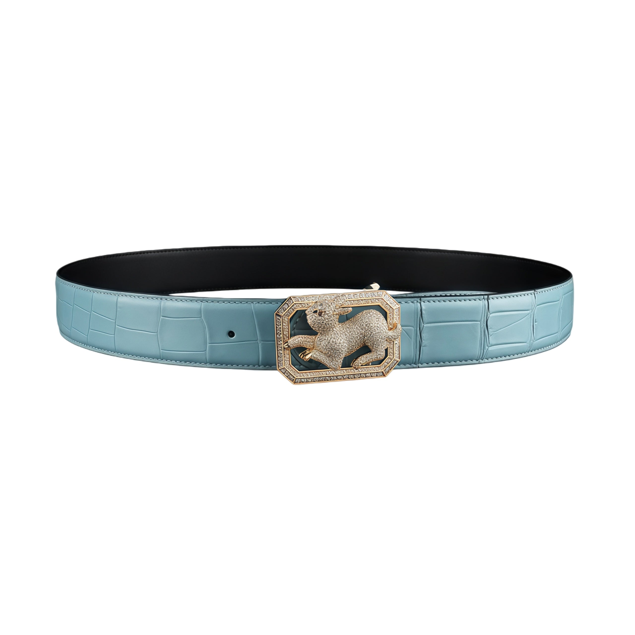 BELTLEY Limited-Edition Tiffany Blue Crocodile Belt with Rabbit Buckle