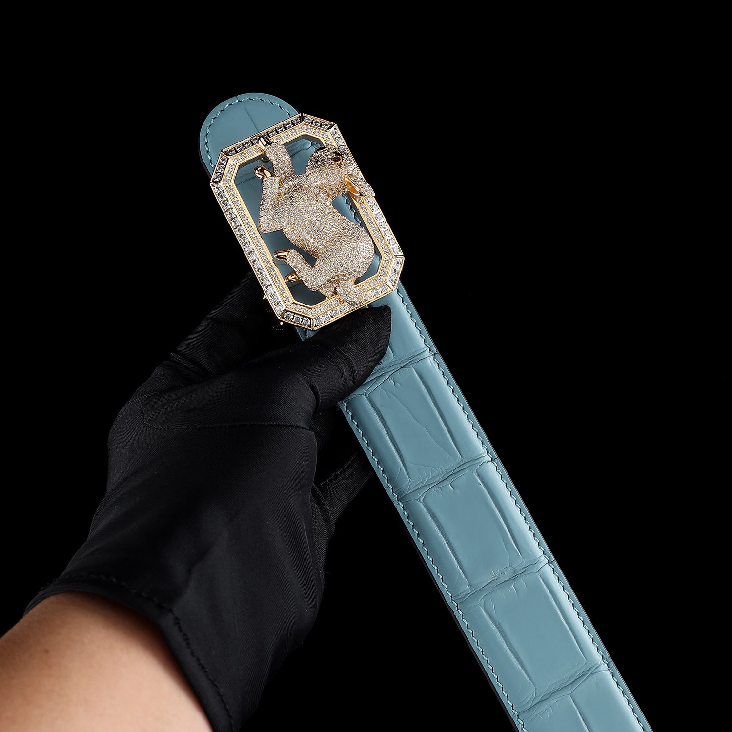 BELTLEY Limited-Edition Tiffany Blue Crocodile Belt with Rabbit Buckle