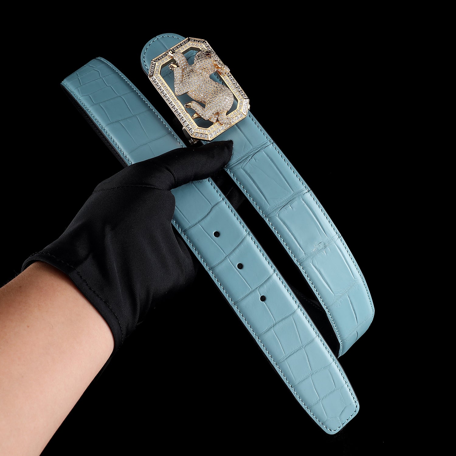 BELTLEY Limited-Edition Tiffany Blue Crocodile Belt with Rabbit Buckle