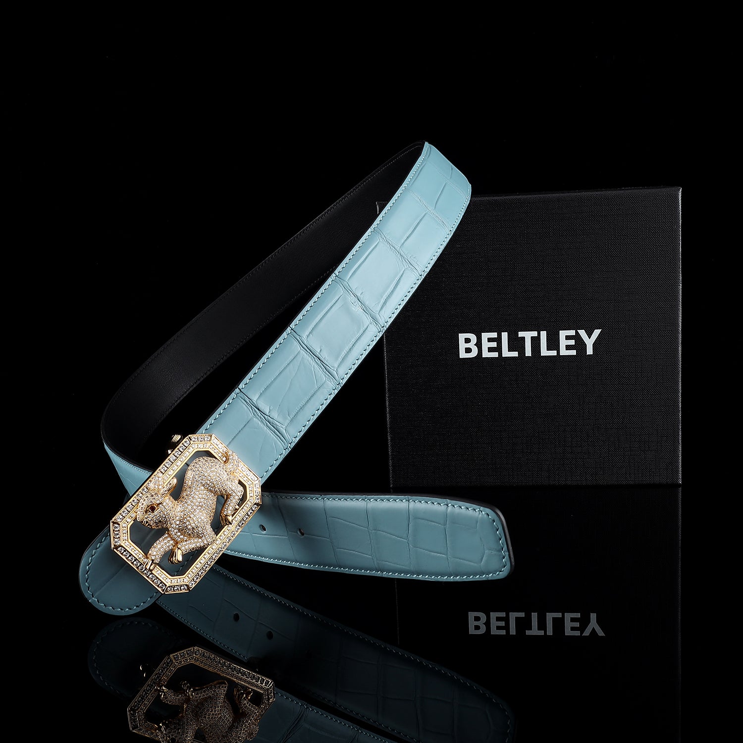 BELTLEY Limited-Edition Tiffany Blue Crocodile Belt with Rabbit Buckle