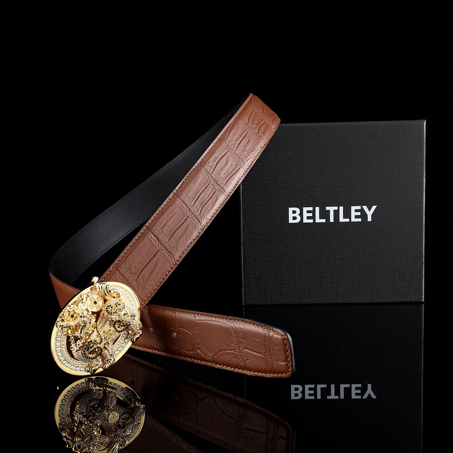 BELTLEY Luxury Crocodile Leather Belt With Gold Qilin Buckle