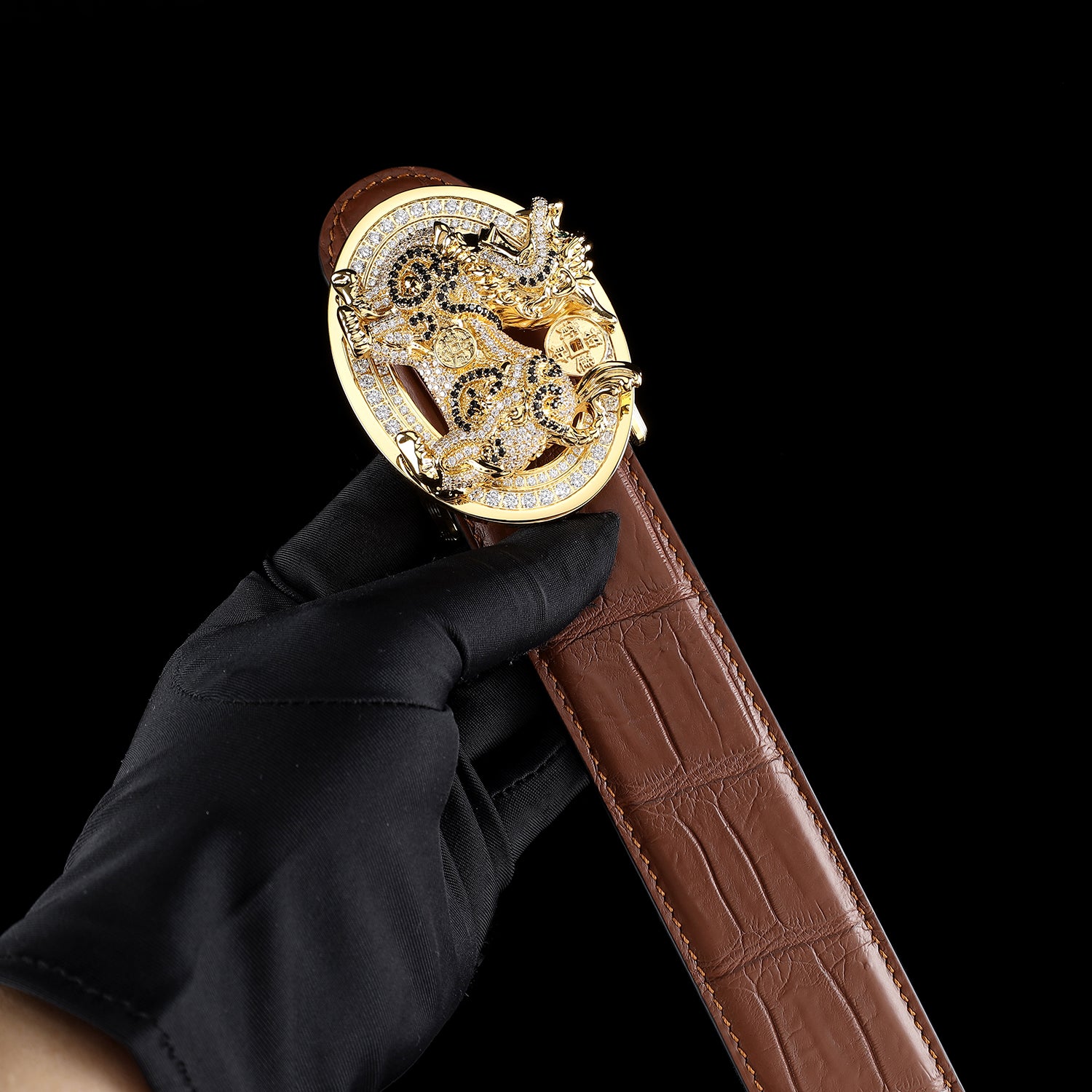 BELTLEY Luxury Crocodile Leather Belt With Gold Qilin Buckle