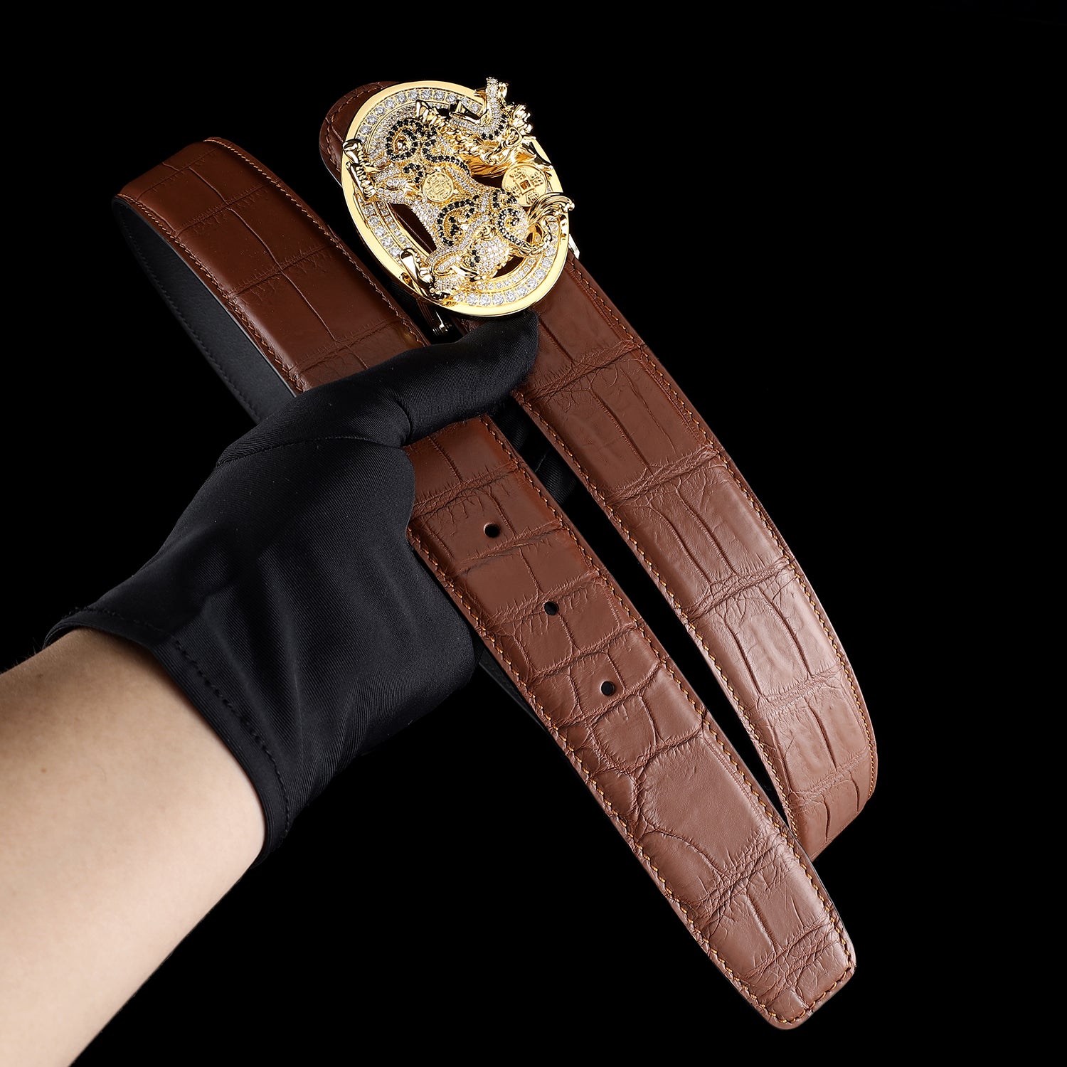 BELTLEY Luxury Crocodile Leather Belt With Gold Qilin Buckle