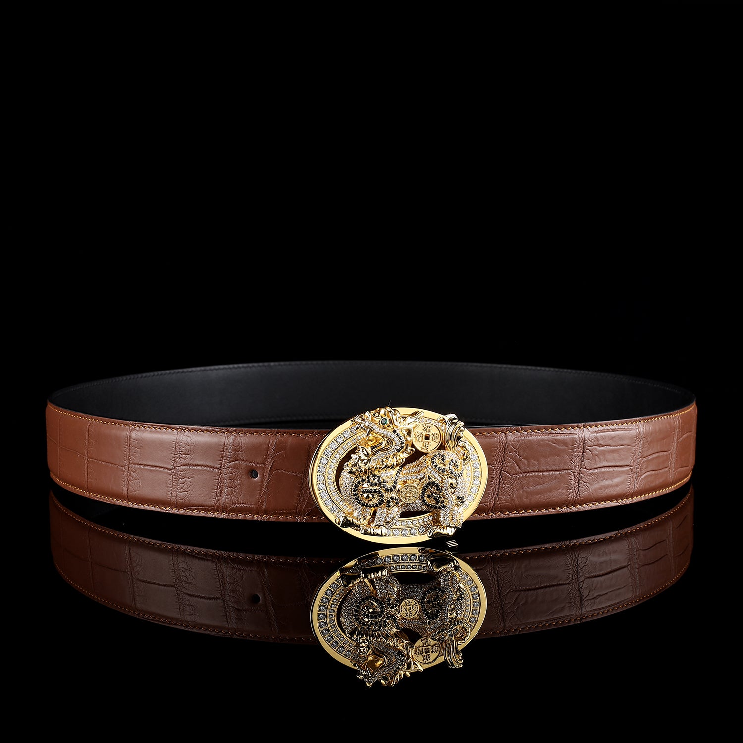 BELTLEY Luxury Crocodile Leather Belt With Gold Qilin Buckle