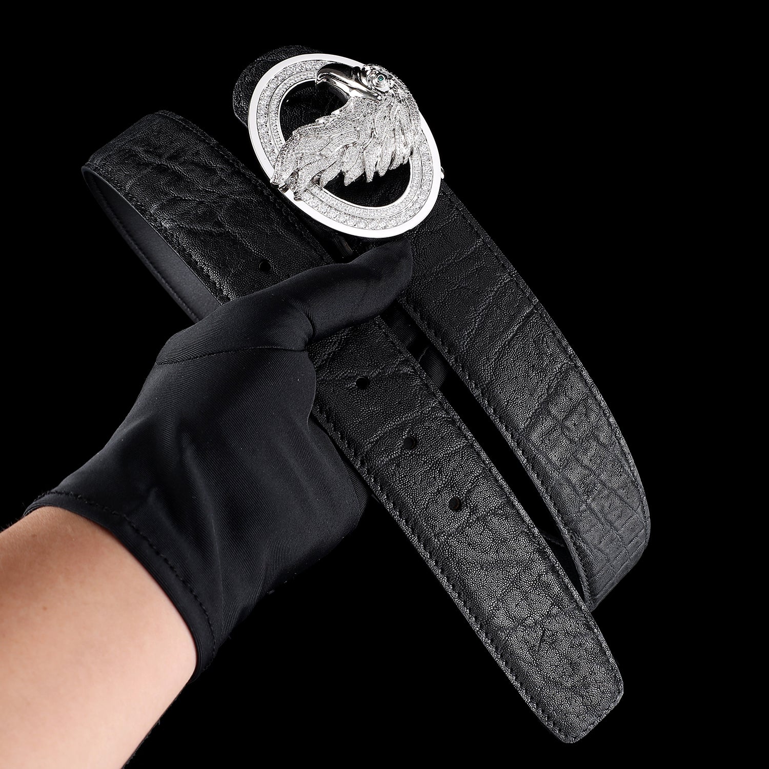 BELTLEY Luxury Black Elephant hide belt with 3d Silver Eagle Buckle - 1.5 Inches