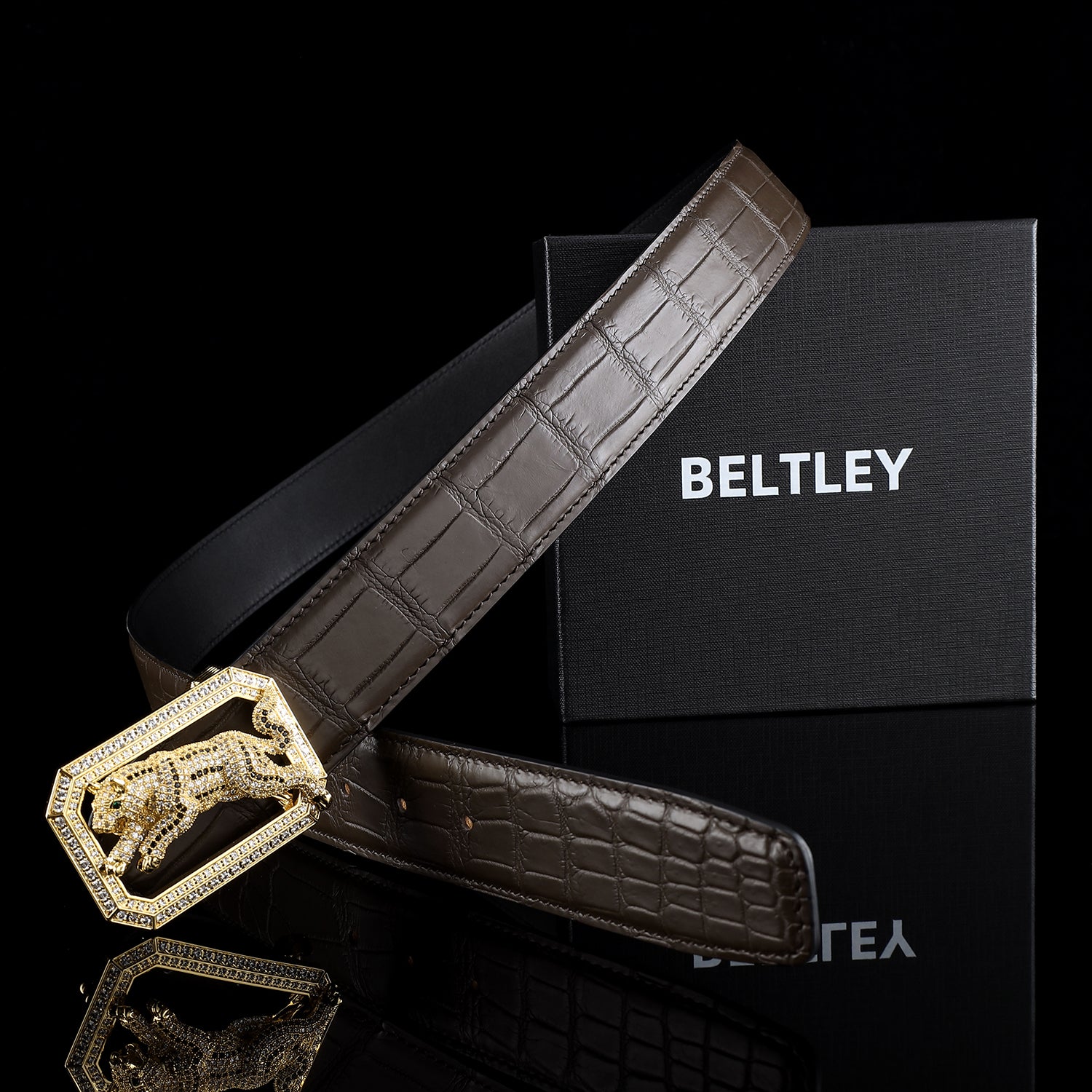 BELTLEY Luxury Espresso Crocodile Belt with Unique Dog Buckle