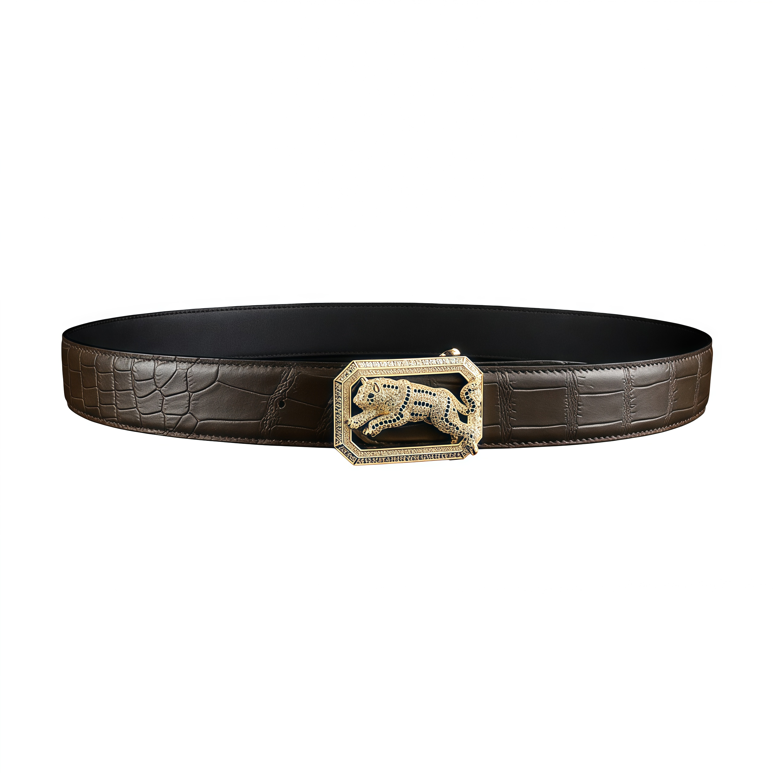 BELTLEY Luxury Espresso Crocodile Belt with Unique Dog Buckle