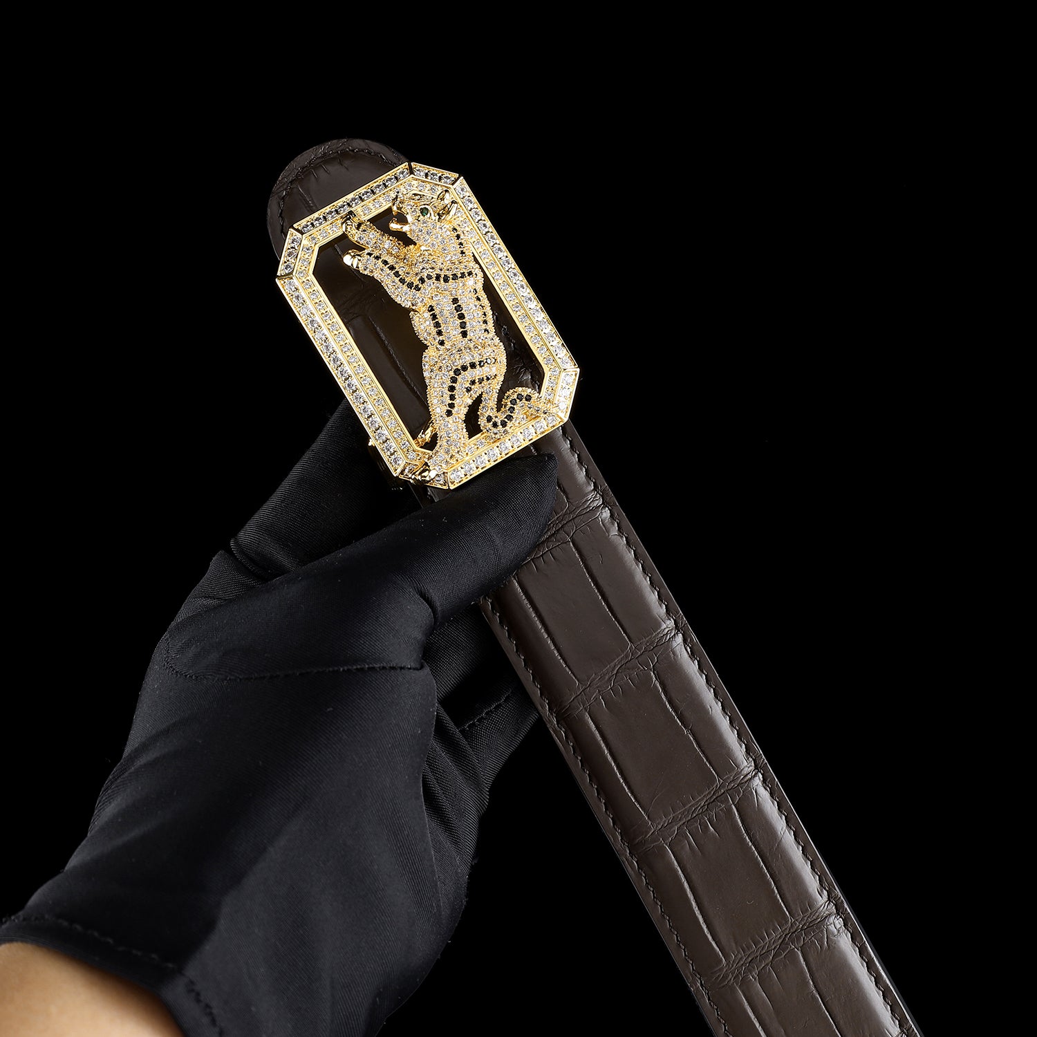 BELTLEY Luxury Espresso Crocodile Belt with Unique Dog Buckle