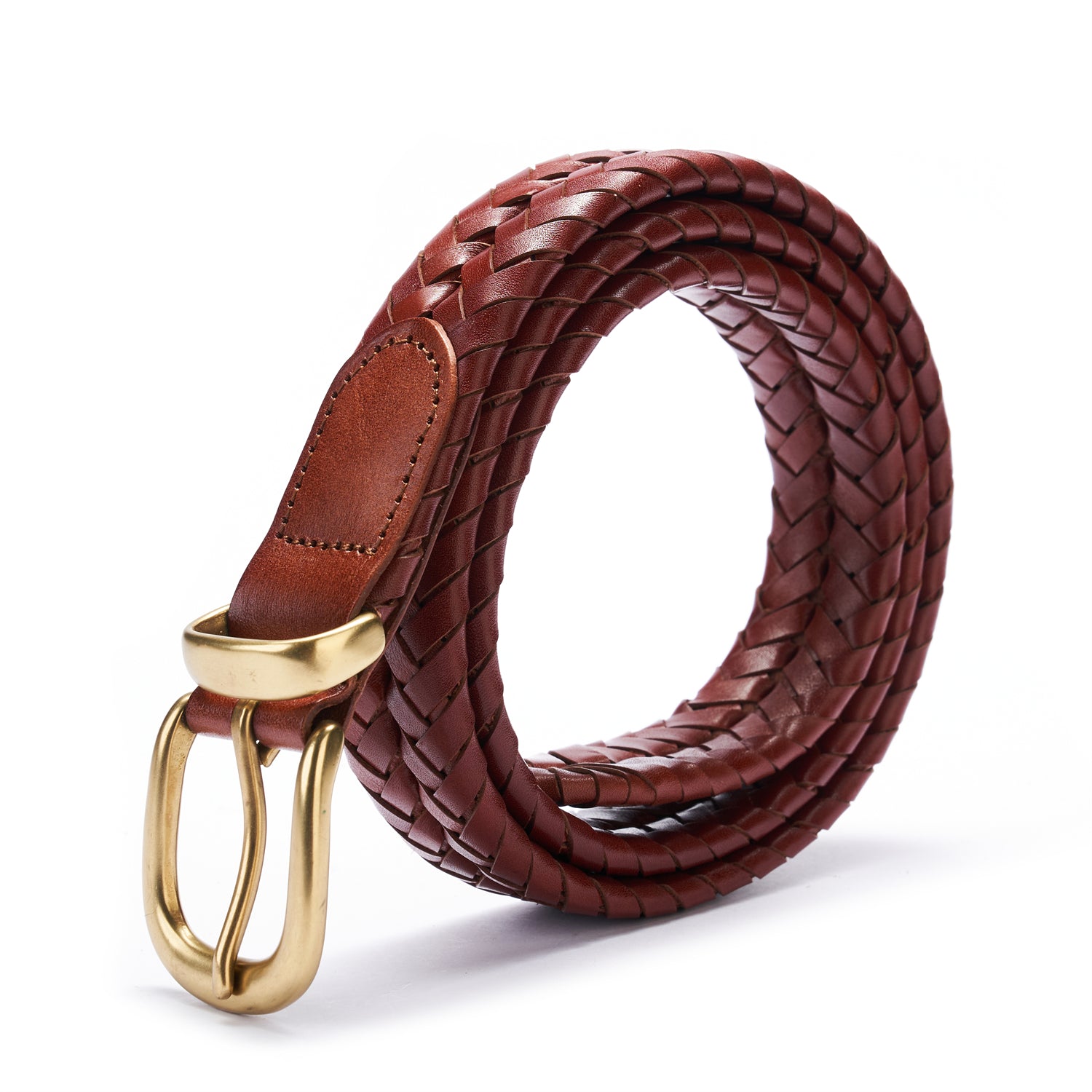 BELTLEY Mahogany Exquisite Braided Full Grain Leather Belt - Unisex-1.15 inches