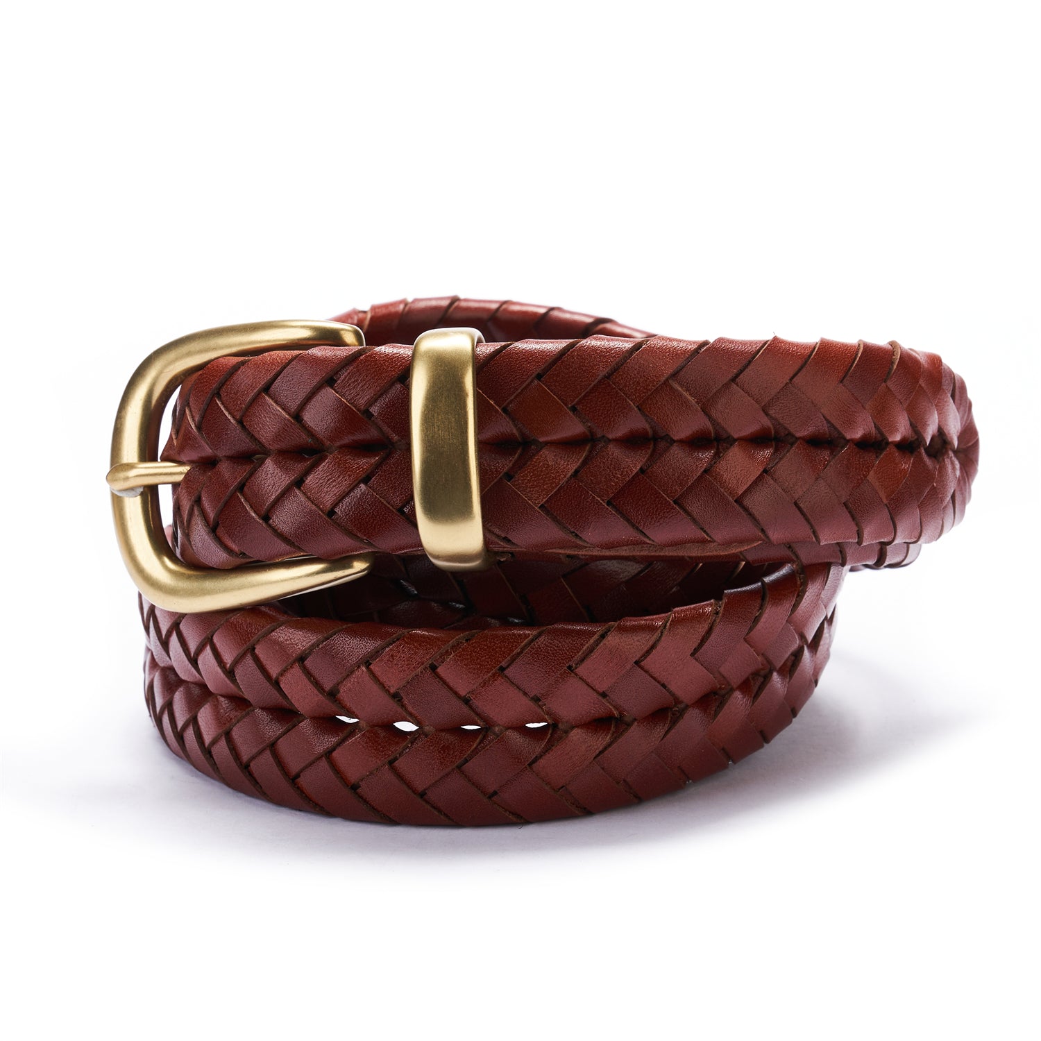 BELTLEY Mahogany Exquisite Braided Full Grain Leather Belt - Unisex-1.15 inches