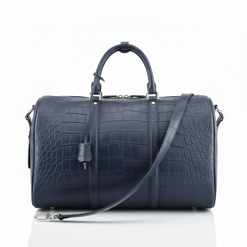 BELTLEY Matte Navy Blue Nile Crocodile Duffle Bag