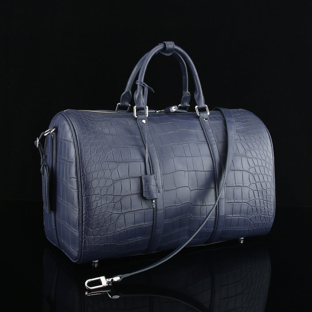 BELTLEY Matte Navy Blue Nile Crocodile Duffle Bag