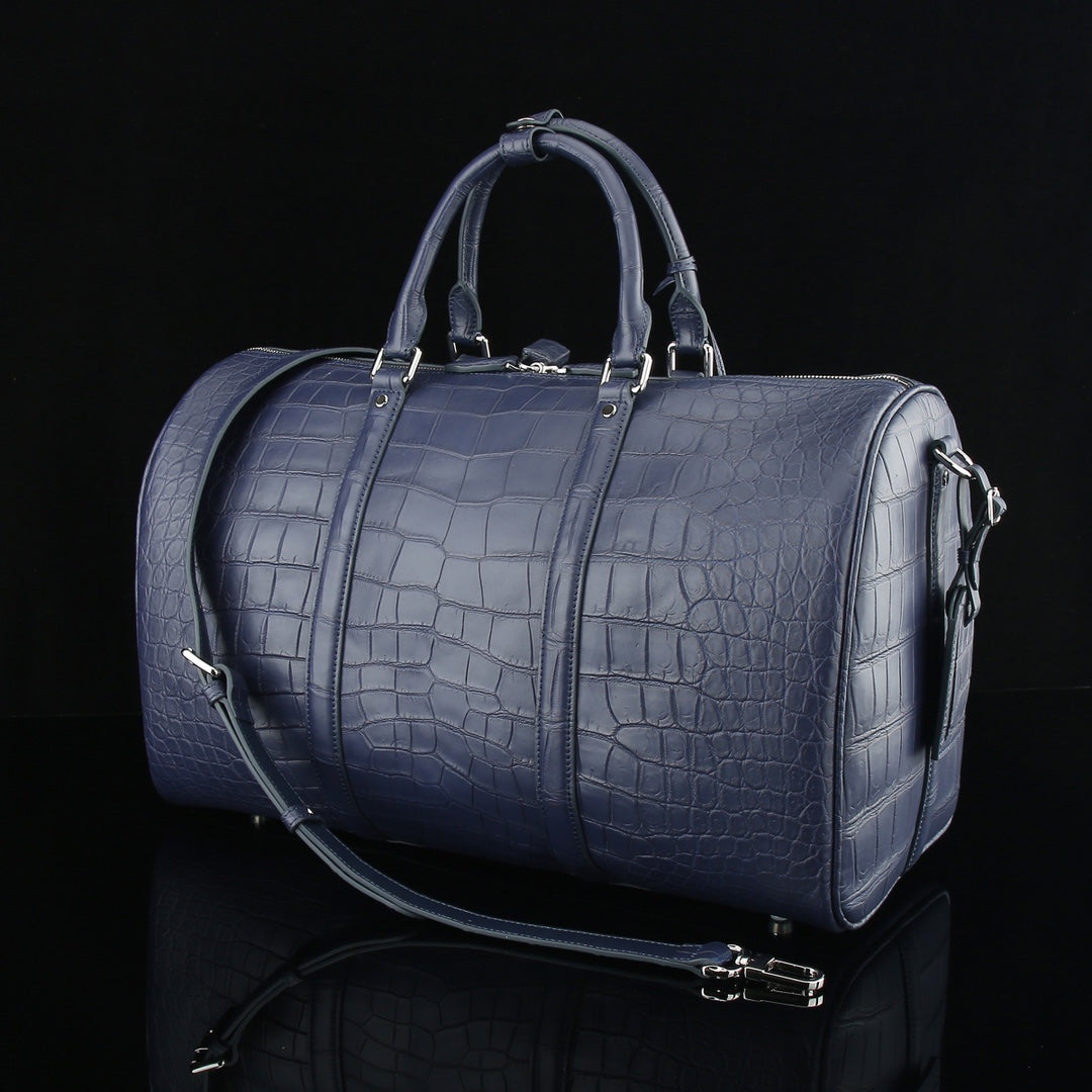BELTLEY Matte Navy Blue Nile Crocodile Duffle Bag