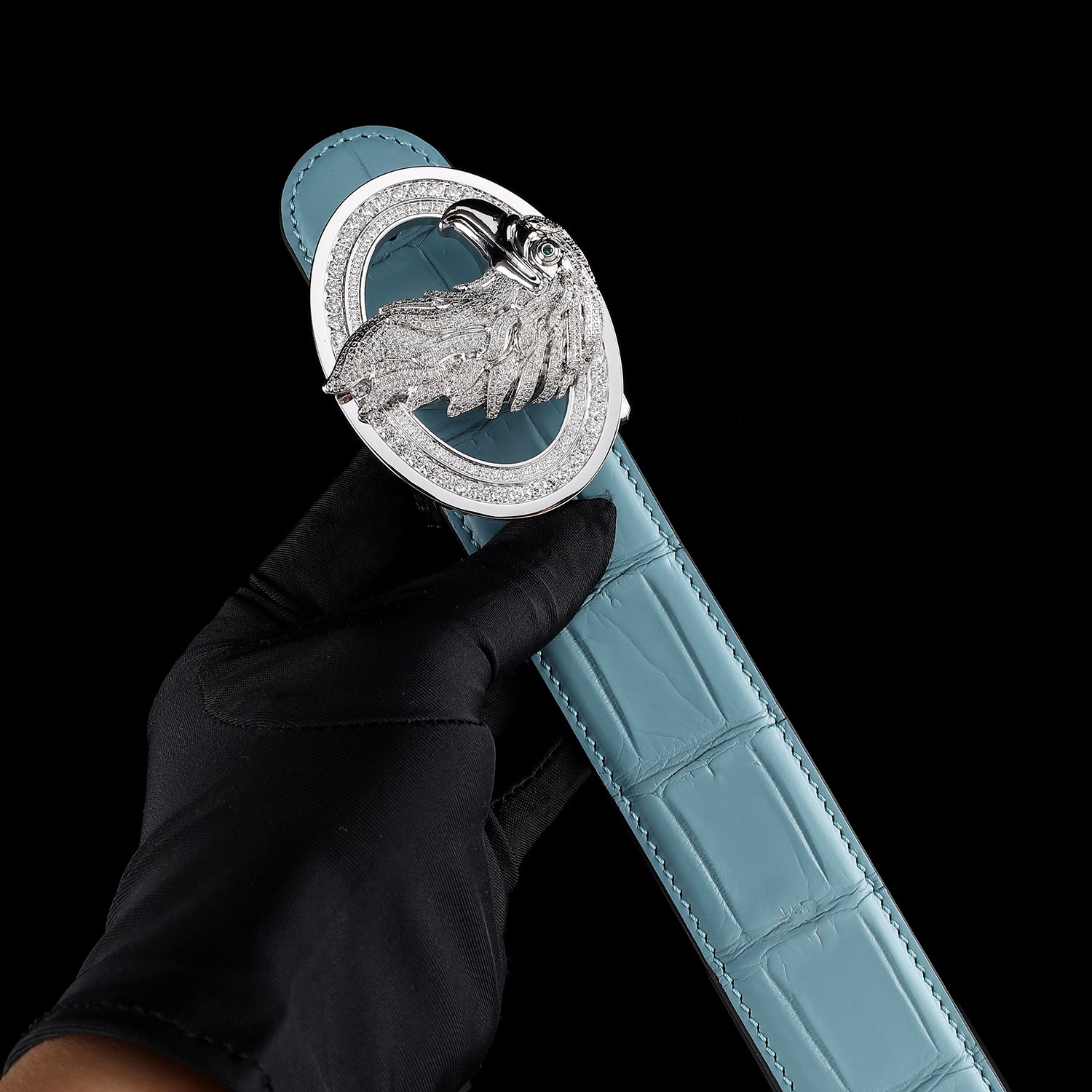 BELTLEY Men’s Authentic Crocodile Belt with Silver Eagle Buckle