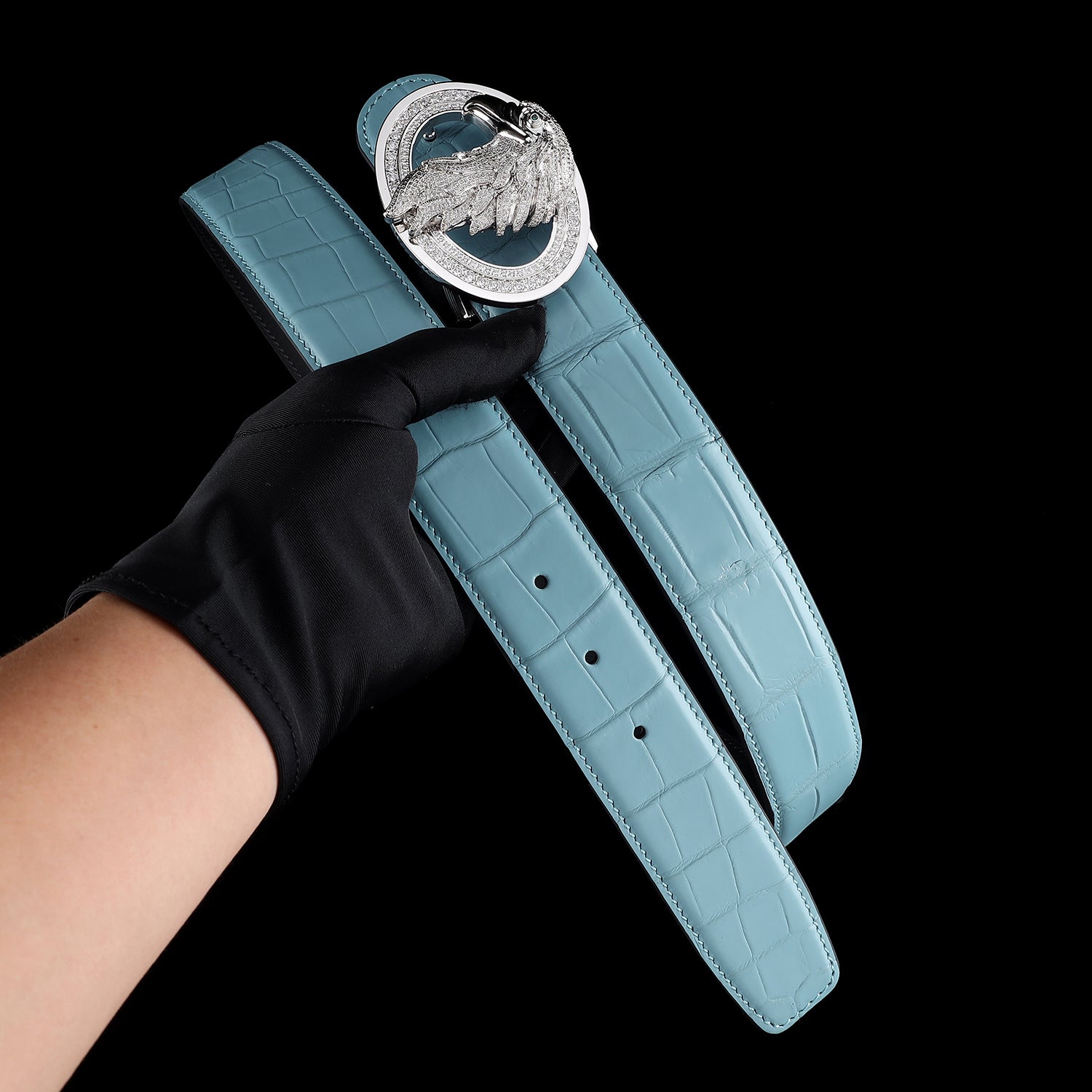 BELTLEY Men’s Authentic Crocodile Belt with Silver Eagle Buckle