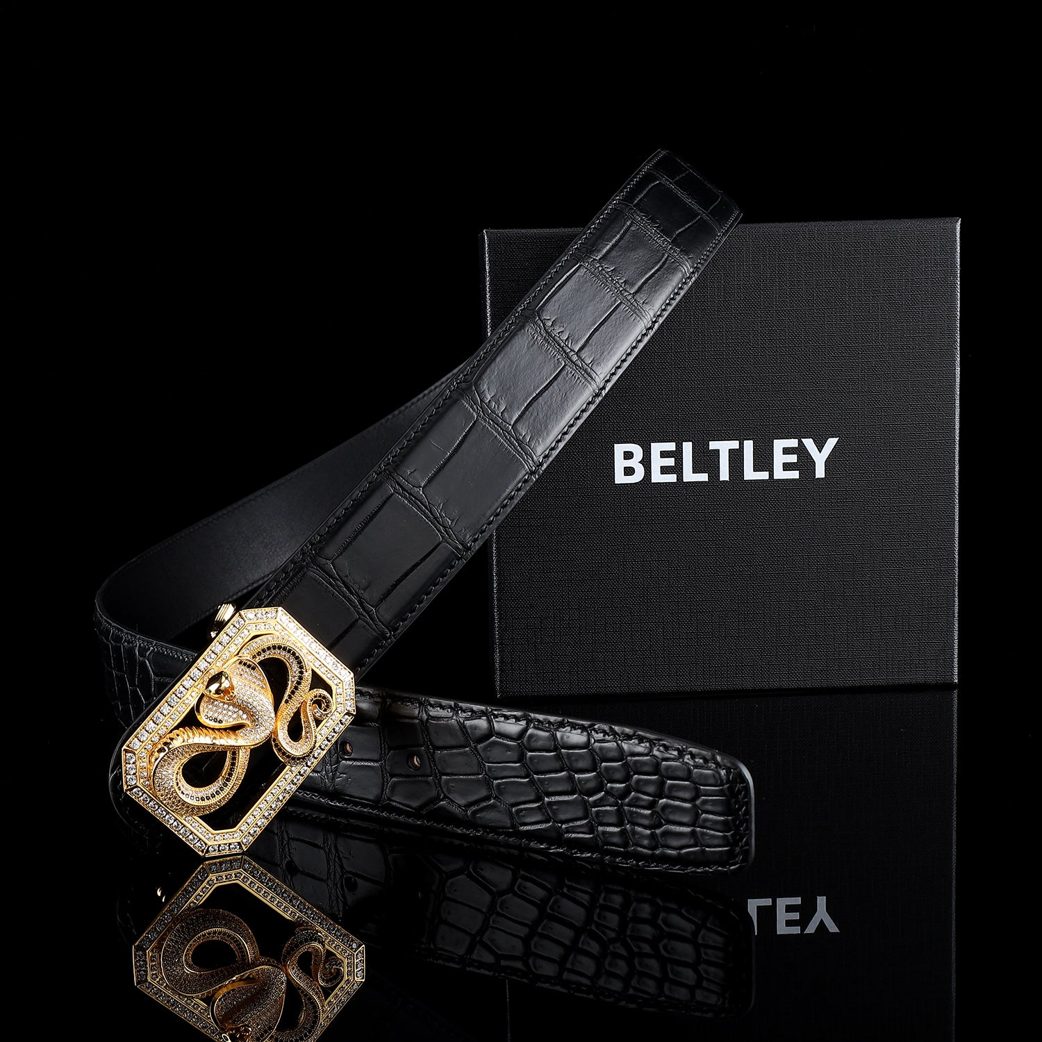 BELTLEY Men's Black Crocodile Belt-Unique Snake Buckle Belt