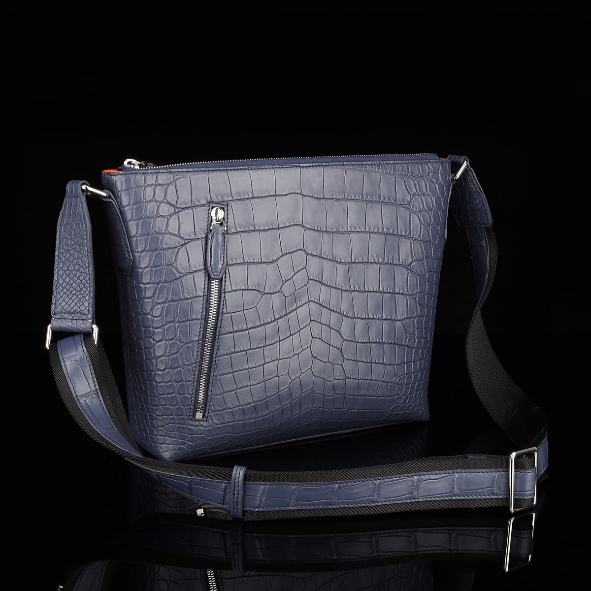 BELTLEY Men's Blue Matte Crocodile Leather Crossbody Bag