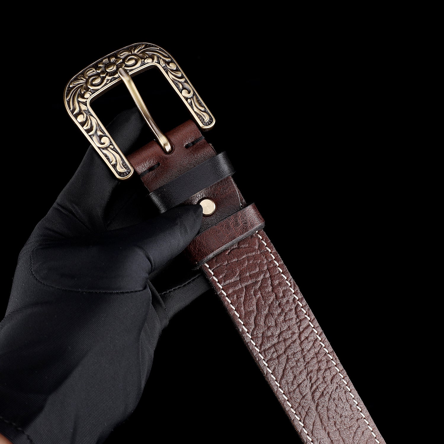 BELTLEY Men's Brown Vintage Leather Belt – Solid Floral Brass Buckle