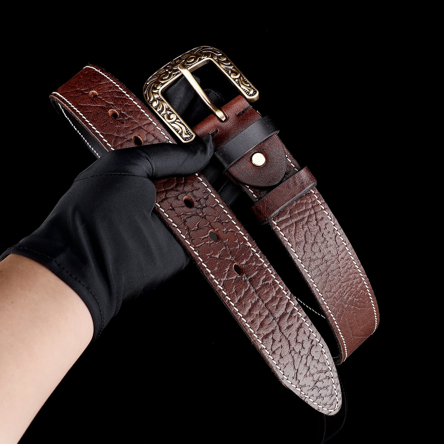 BELTLEY Men's Brown Vintage Leather Belt – Solid Floral Brass Buckle