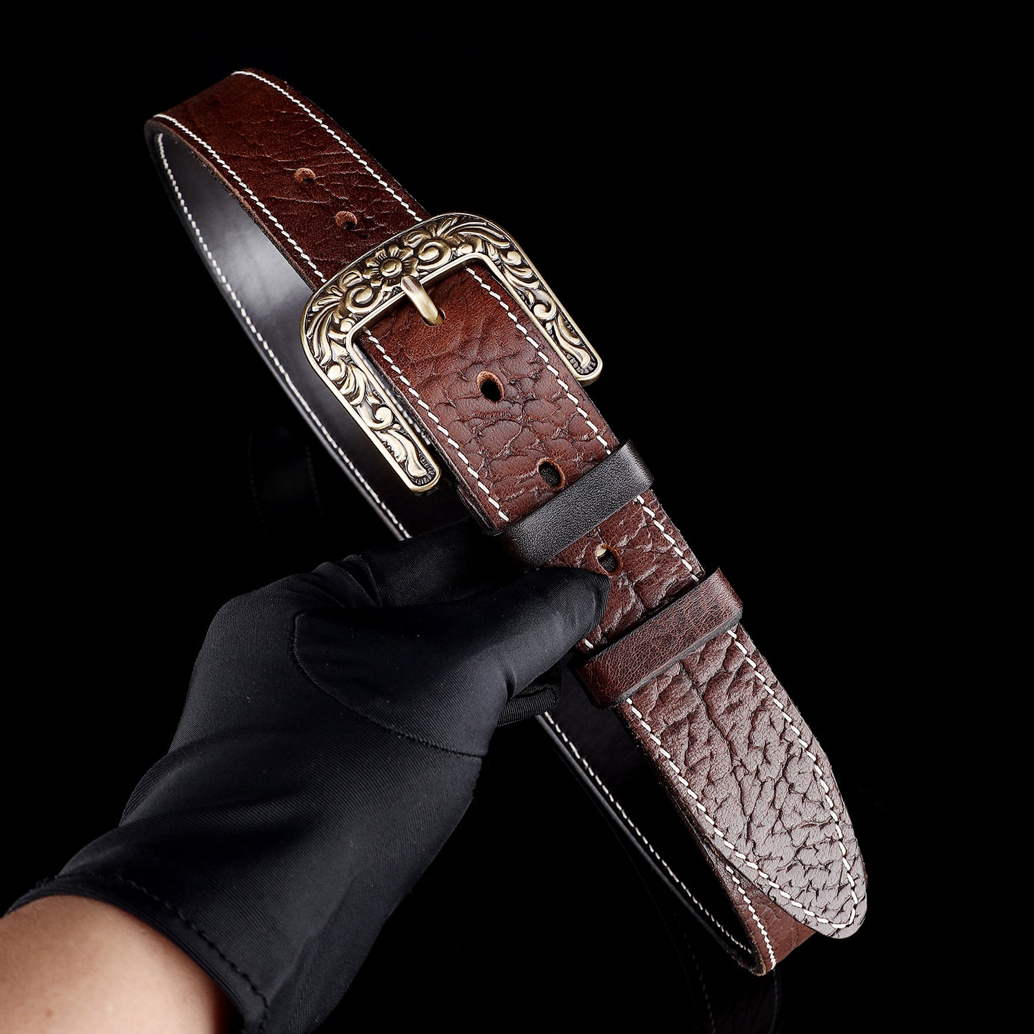 BELTLEY Men's Brown Vintage Leather Belt – Solid Floral Brass Buckle