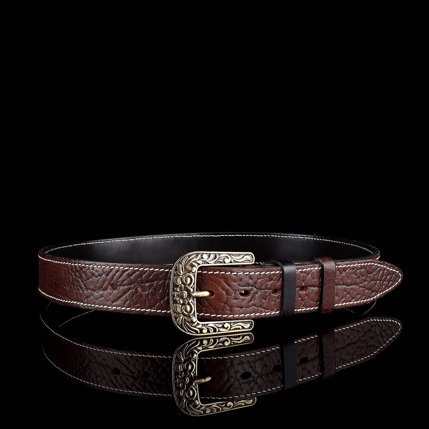 BELTLEY Men's Brown Vintage Leather Belt – Solid Floral Brass Buckle