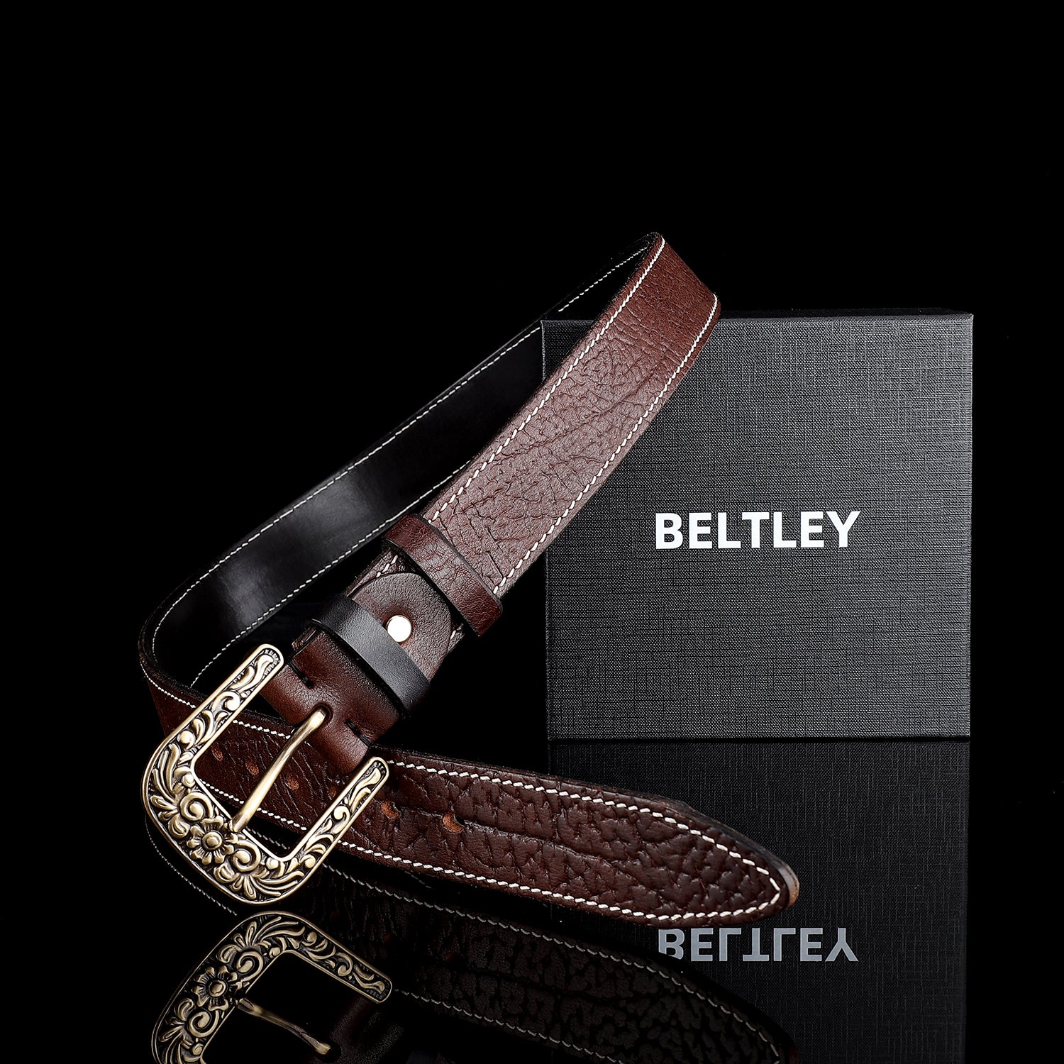 BELTLEY Men's Brown Vintage Leather Belt – Solid Floral Brass Buckle
