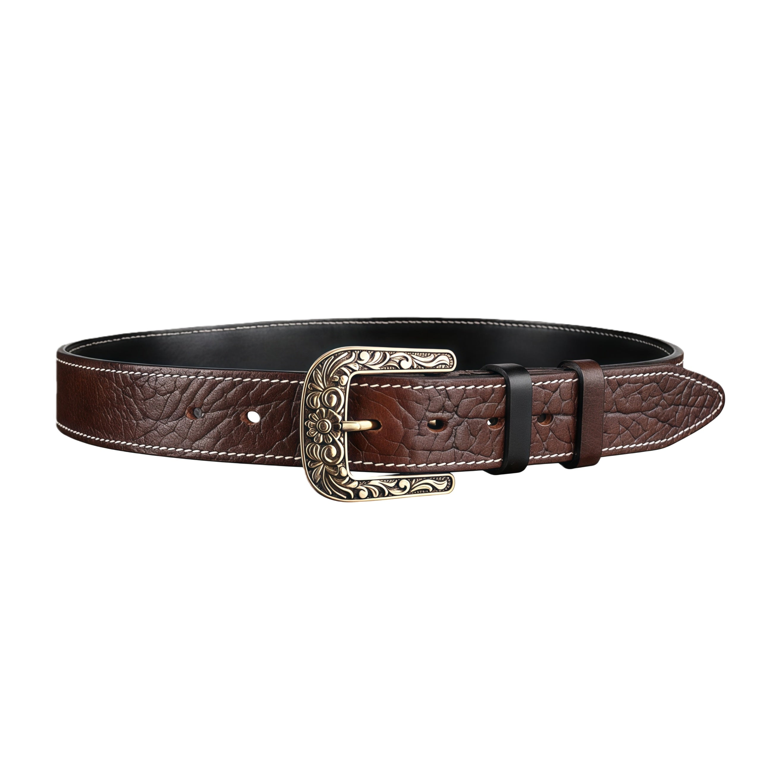 BELTLEY Men's Brown Vintage Leather Belt – Solid Floral Brass Buckle