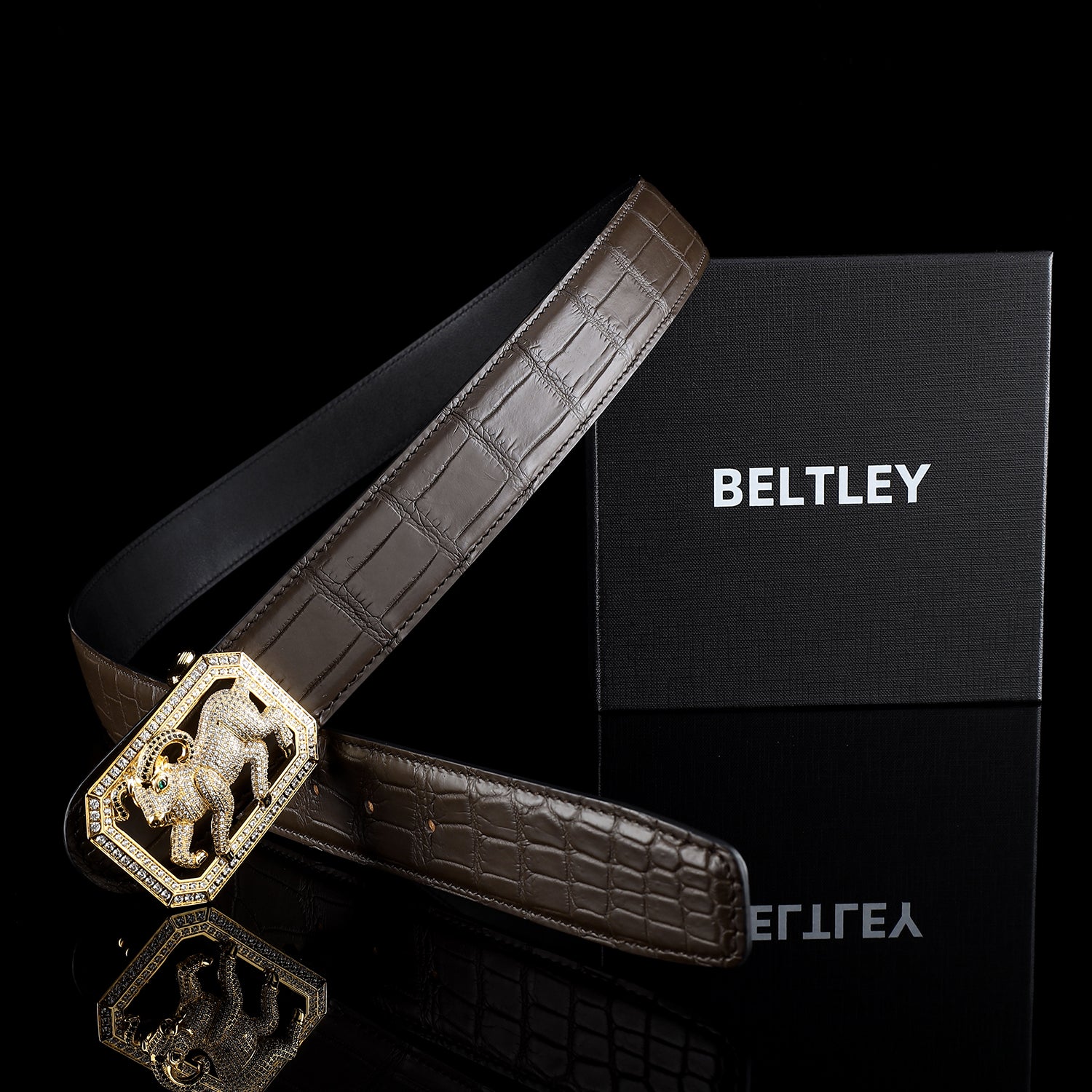 BELTLEY Men’s Dark Brown Crocodile Belt with Goat Buckle