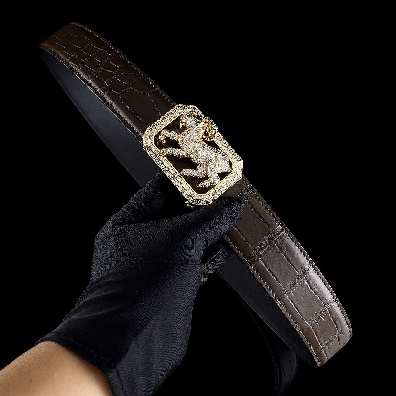 BELTLEY Men’s Dark Brown Crocodile Belt with Goat Buckle