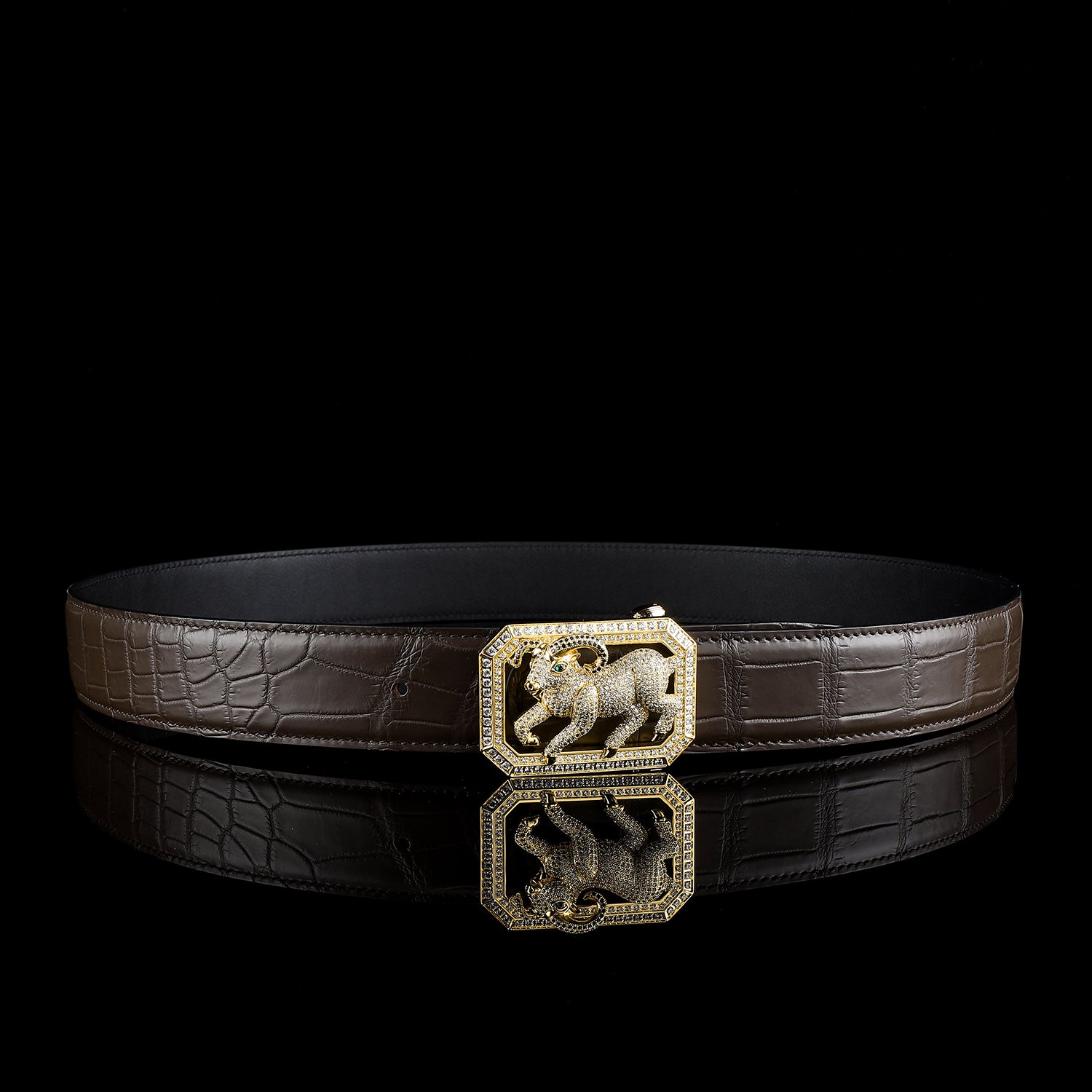 BELTLEY Men’s Dark Brown Crocodile Belt with Goat Buckle