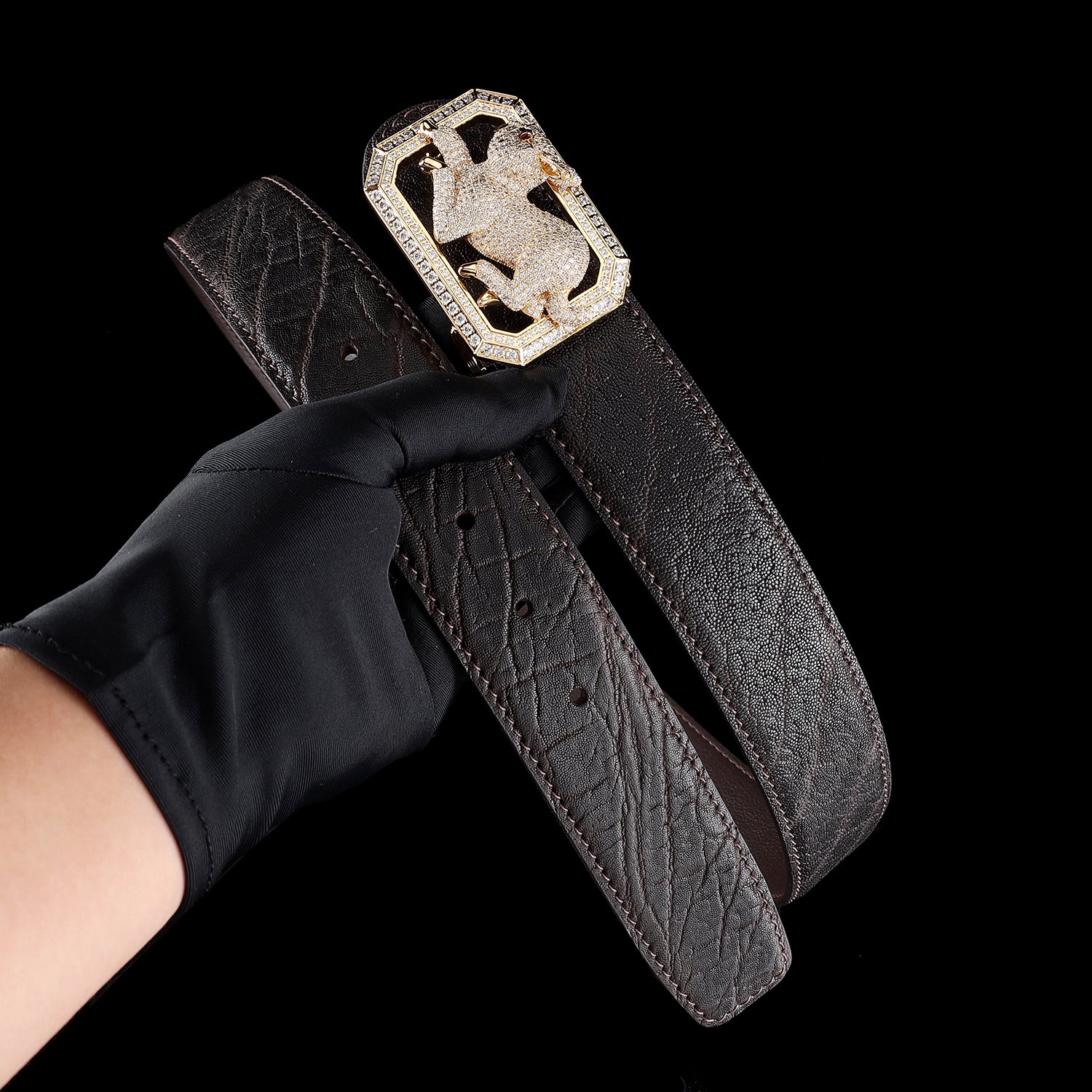 BELTLEY Men's Elephant Hide Belt in Espresso Brown Finish-Rabbit Buckle