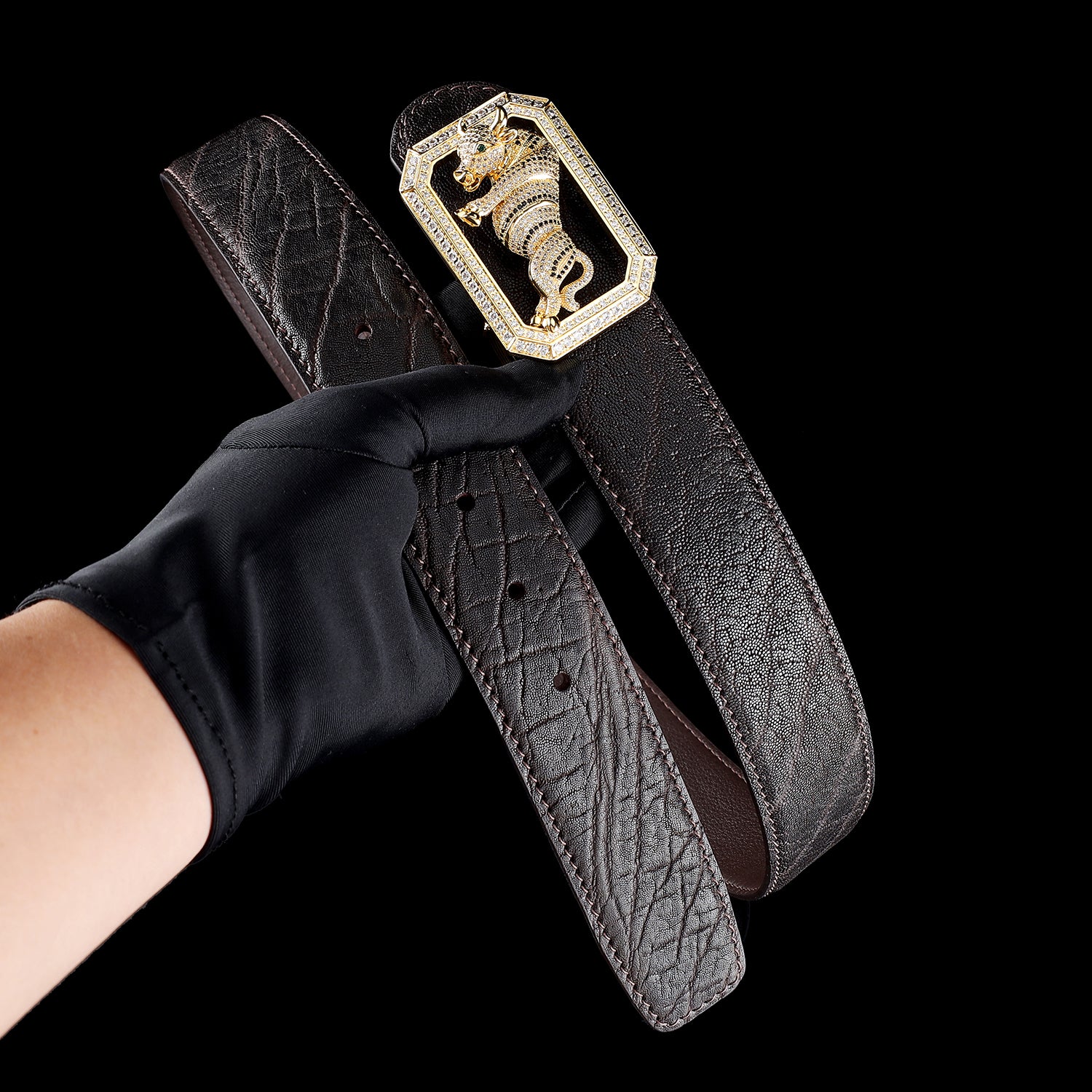 BELTLEY Men's Elephant Hide Belt with Bull Buckle in Espresso Brown Finish