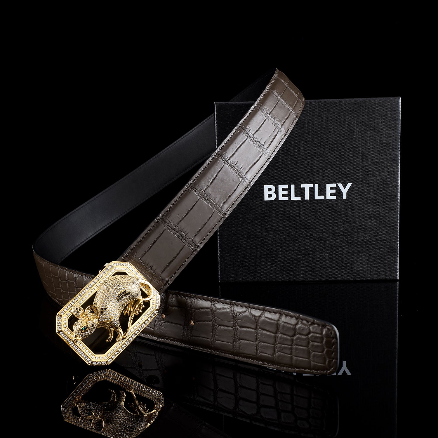 BELTLEY Men’s Espresso Crocodile Belt with Rat Buckle