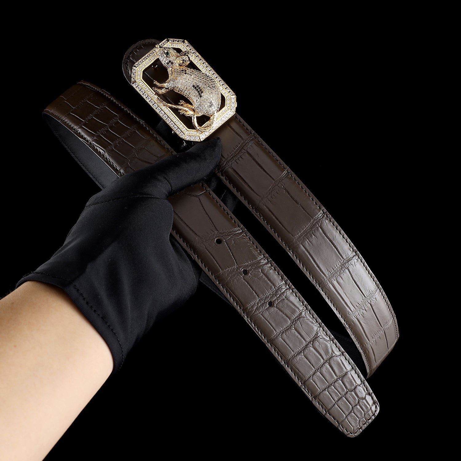 BELTLEY Men’s Espresso Crocodile Belt with Rat Buckle