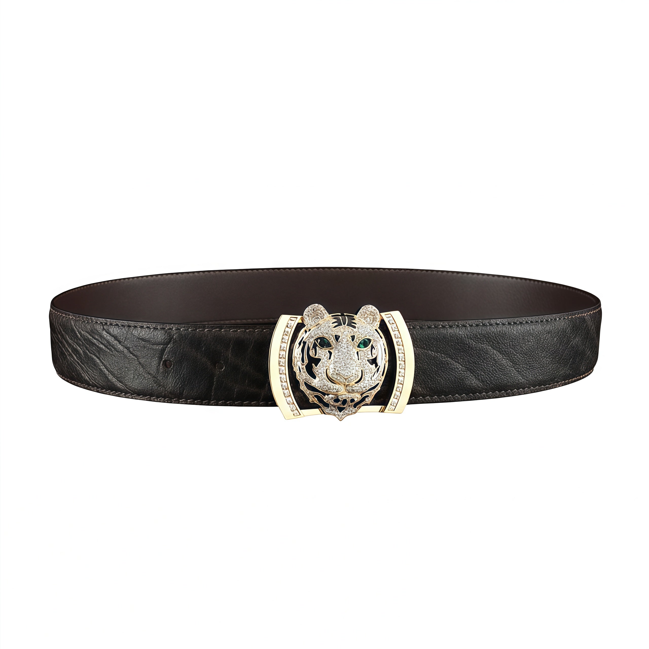 BELTLEY Men's Espresso Elephant Leather Belt With 3D Tiger Buckle
