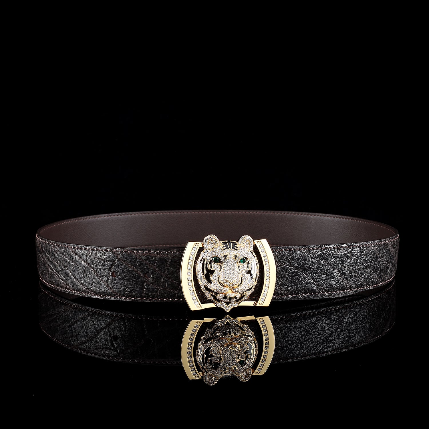 BELTLEY Men's Espresso Elephant Leather Belt With 3D Tiger Buckle