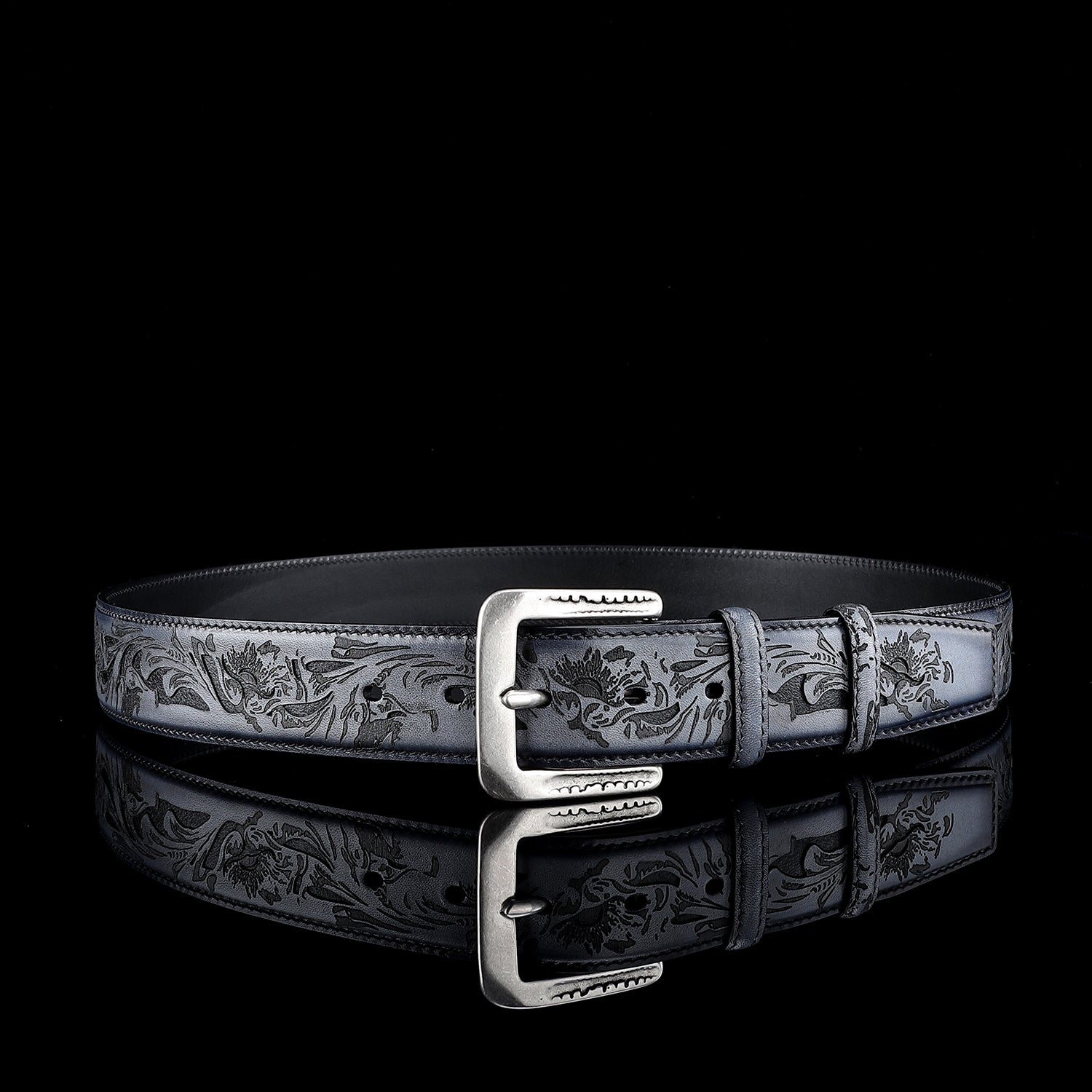 BELTLEY Men’s Floral Leather Belt – Hand-Dyed Midnight Blue