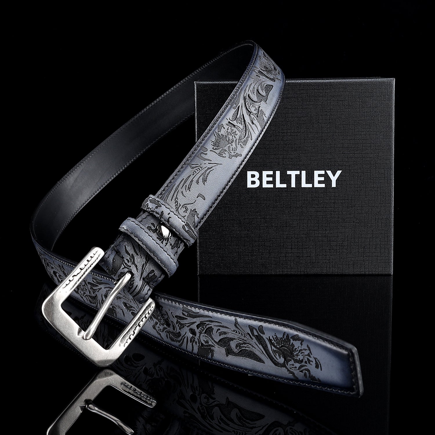 Men’s Floral Leather Belt – Hand-Dyed Midnight Blue — reverse side | BELTLEY