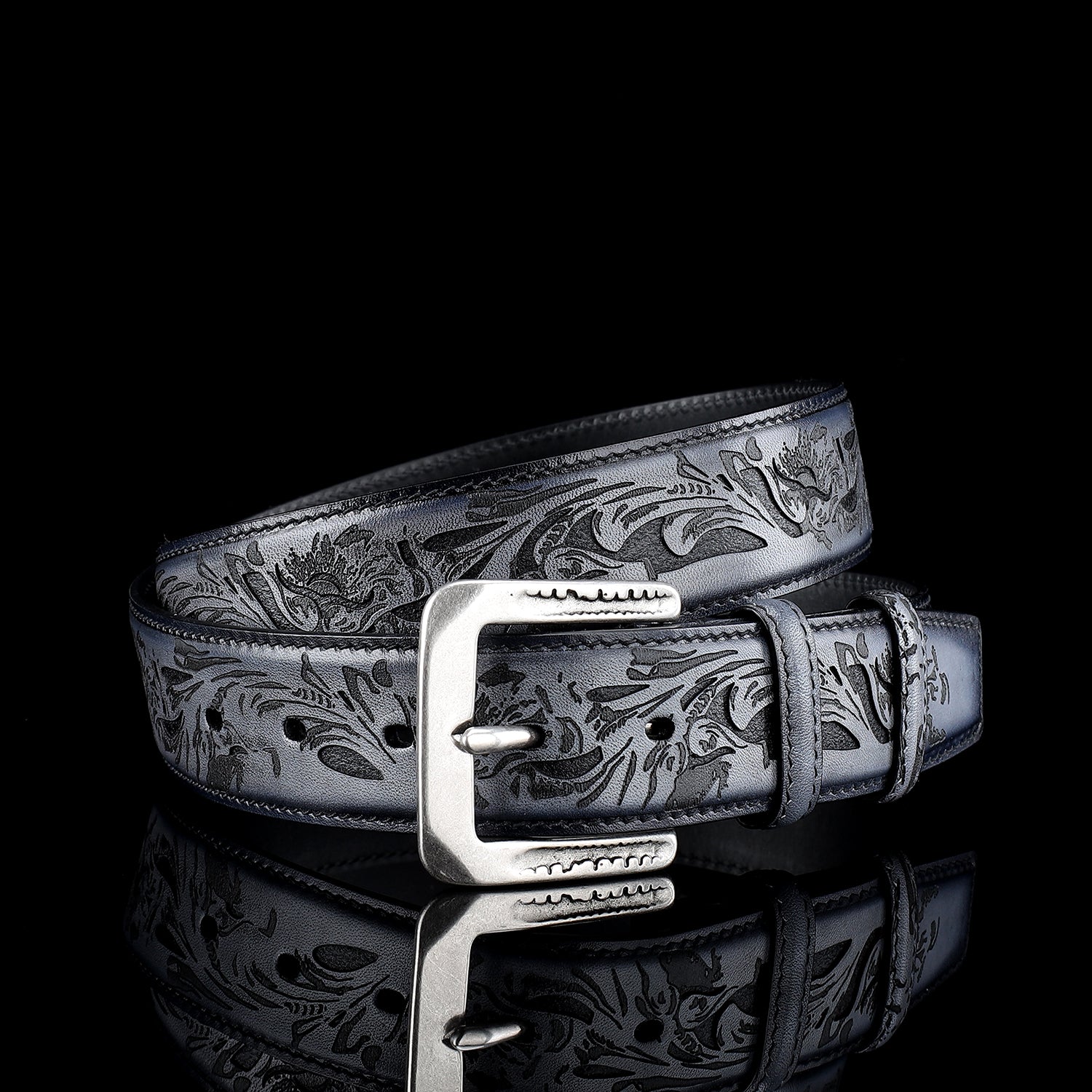 Men’s Floral Leather Belt – Hand-Dyed Midnight Blue — buckle close-up | BELTLEY