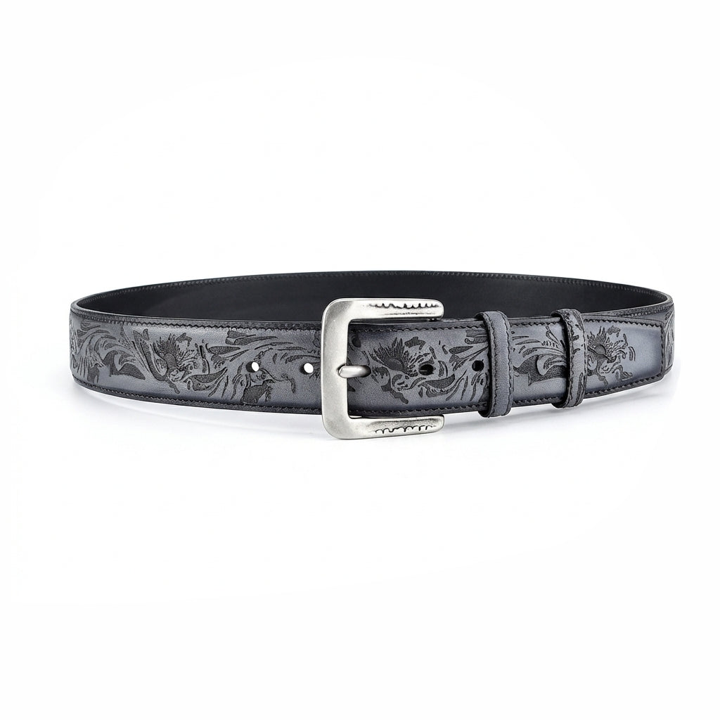 BELTLEY Men’s Floral Leather Belt – Hand-Dyed Midnight Blue